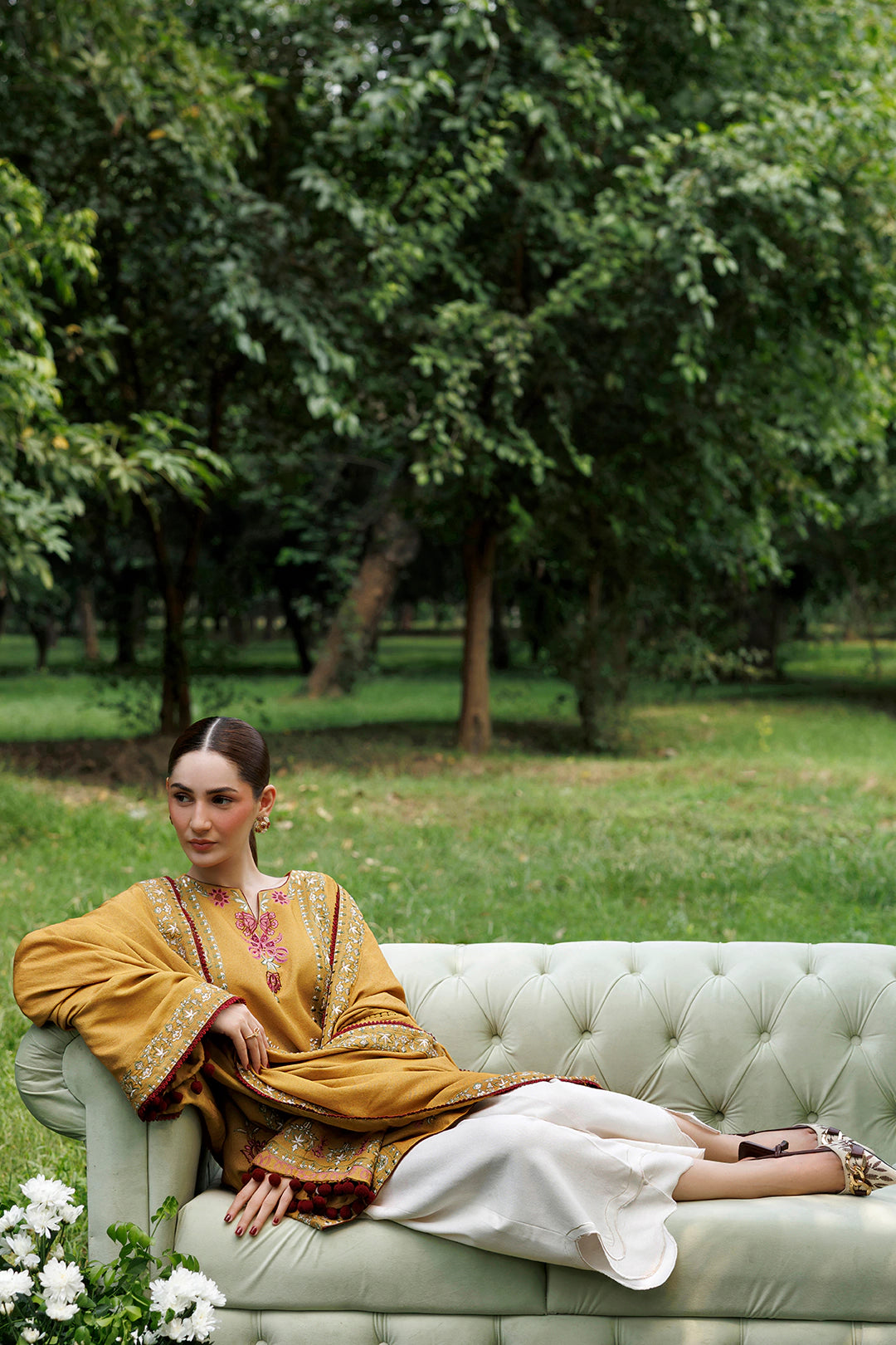 Amber Muse mustard premium karandi 3-piece with shirt, trouser and shawl, Panache Apparel Winter Garden - image 6 of 11