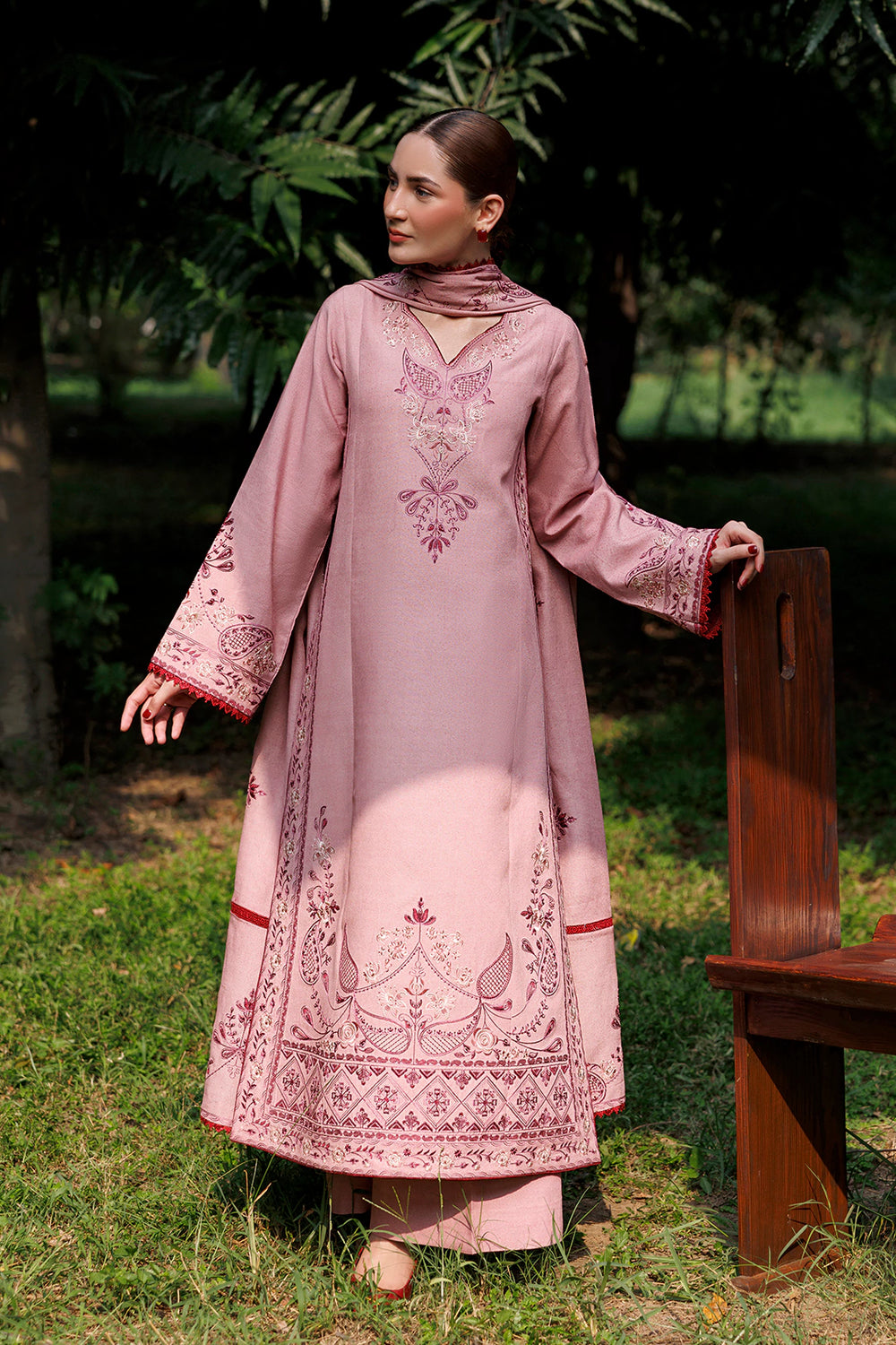 Dusty Rose dusty pink premium karandi 3-piece with shirt, trouser and shawl, Panache Apparel Winter Garden - image 2 of 10