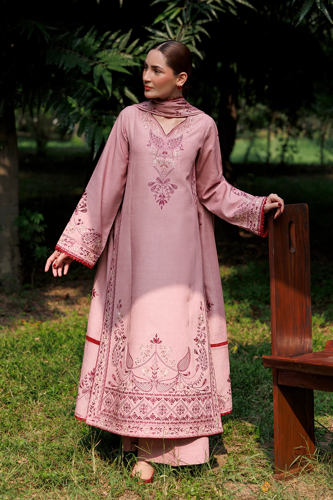 Dusty Rose dusty pink premium karandi 3-piece with shirt, trouser and shawl, Panache Apparel Winter Garden - image 2 of 10