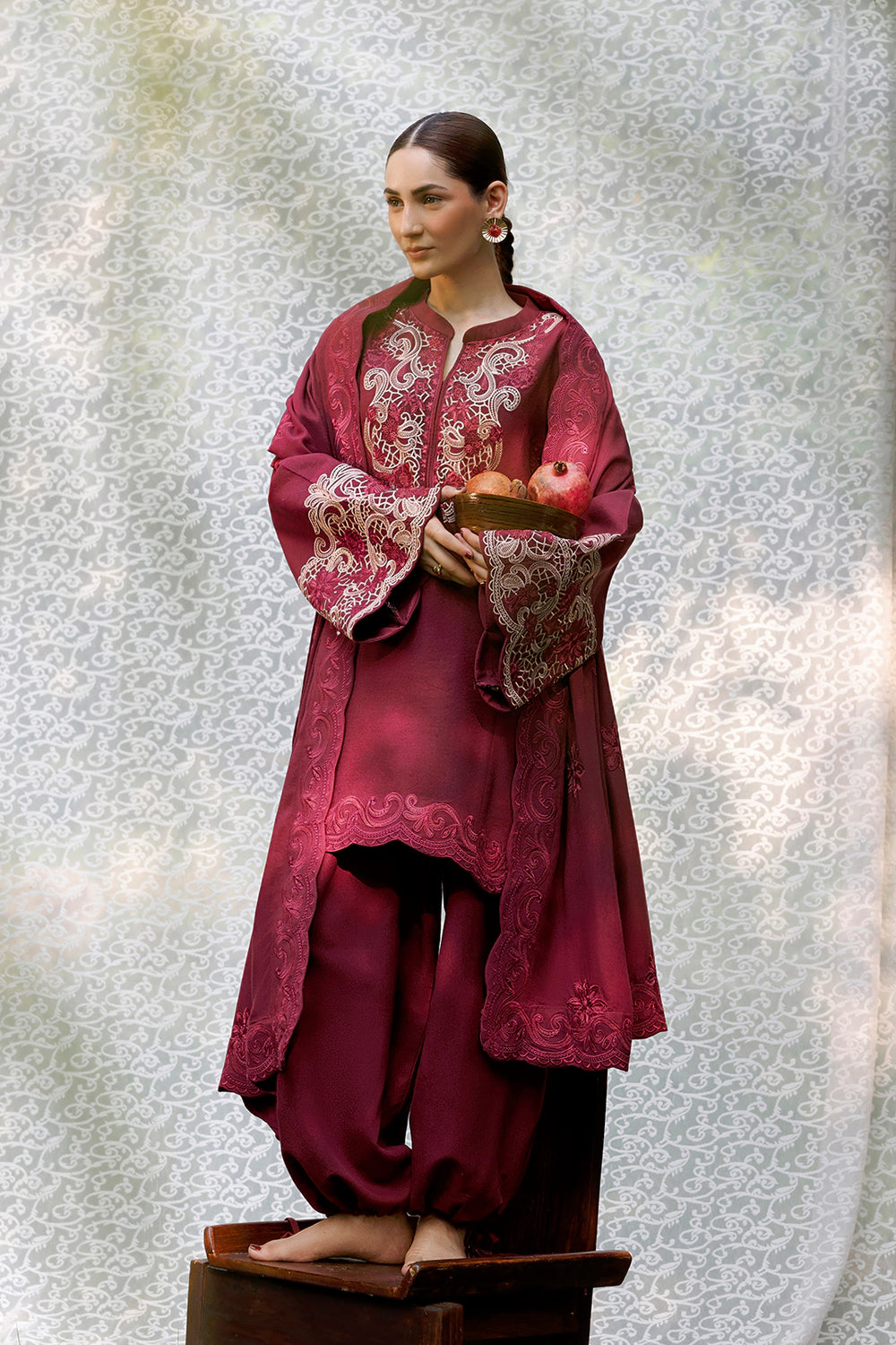 Maroon Muse maroon premium karandi 3-piece with shirt, trouser and shawl, Panache Apparel Winter Garden - image 2 of 6