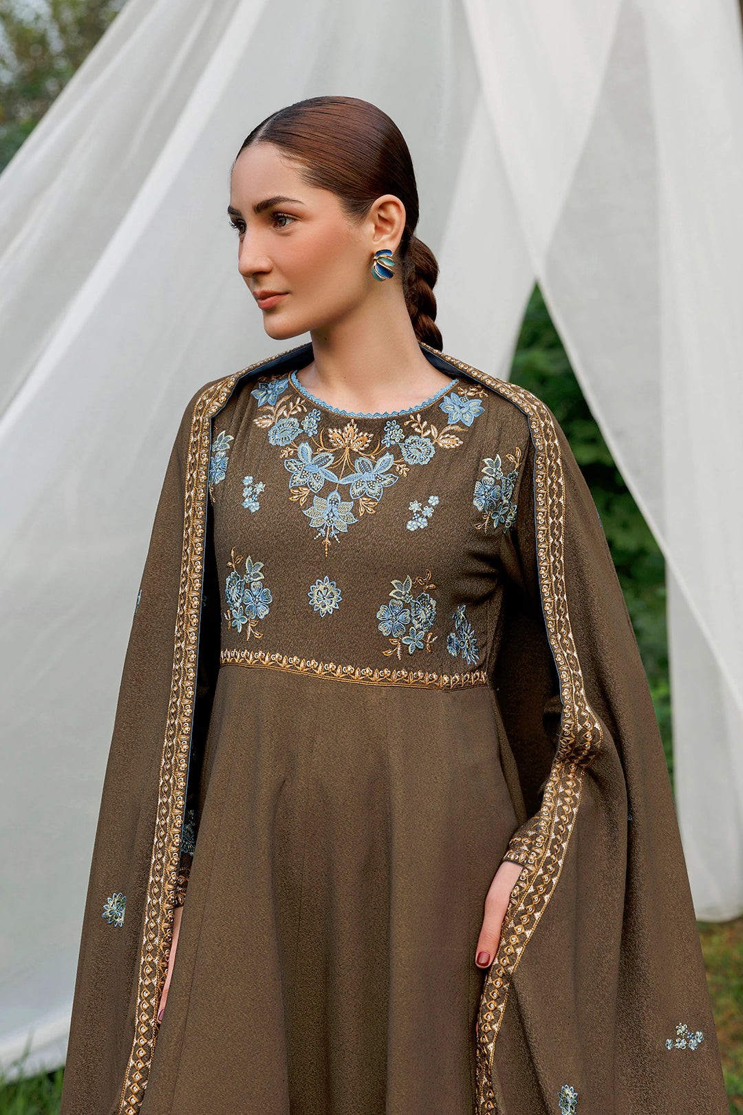 Olive Poise olive brown premium karandi 3-piece with shirt, trouser and shawl, Panache Apparel Winter Garden - image 5 of 8