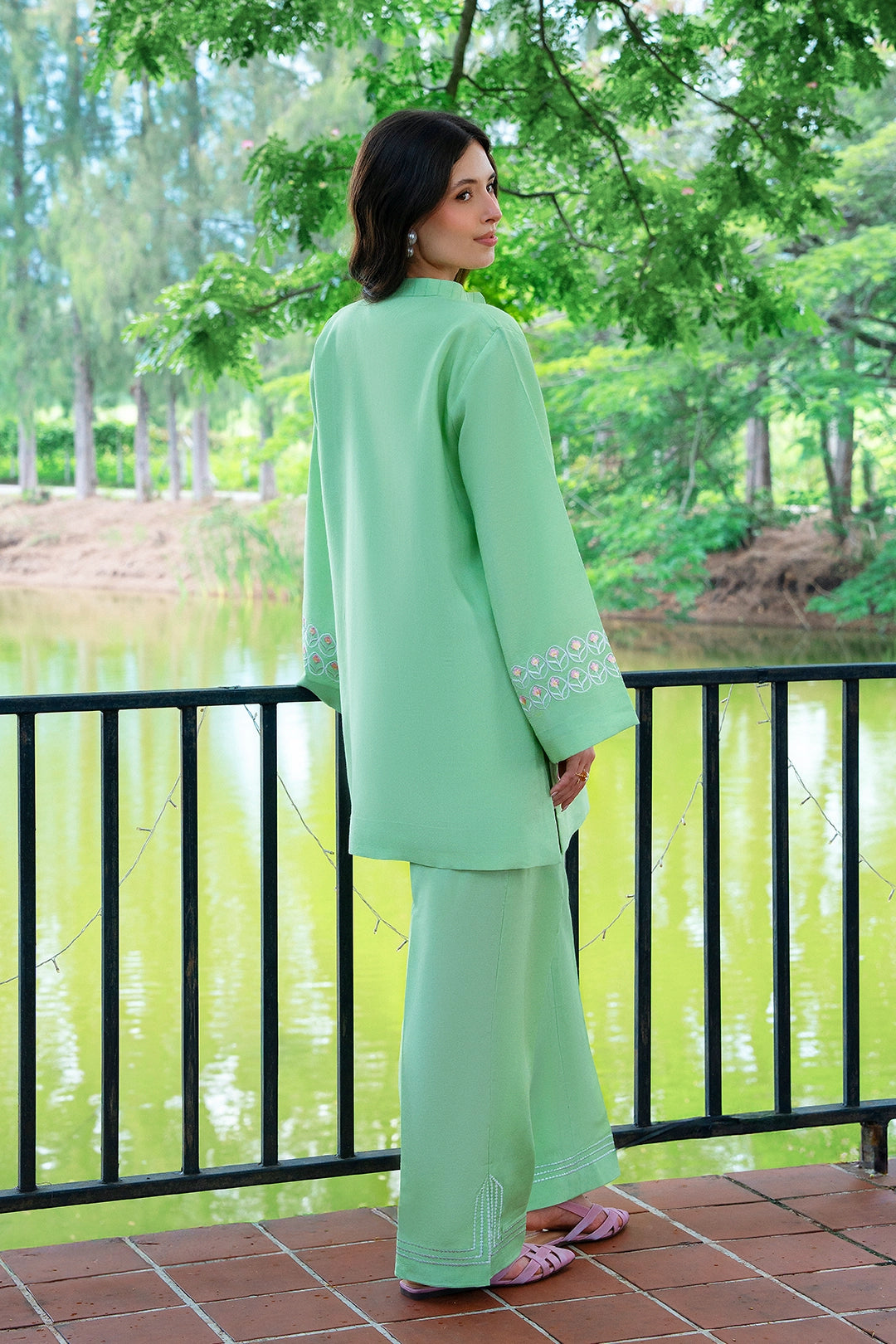 Pistachio green rayon silk 2-piece co-ord with white embroidery | Panache West, view 4