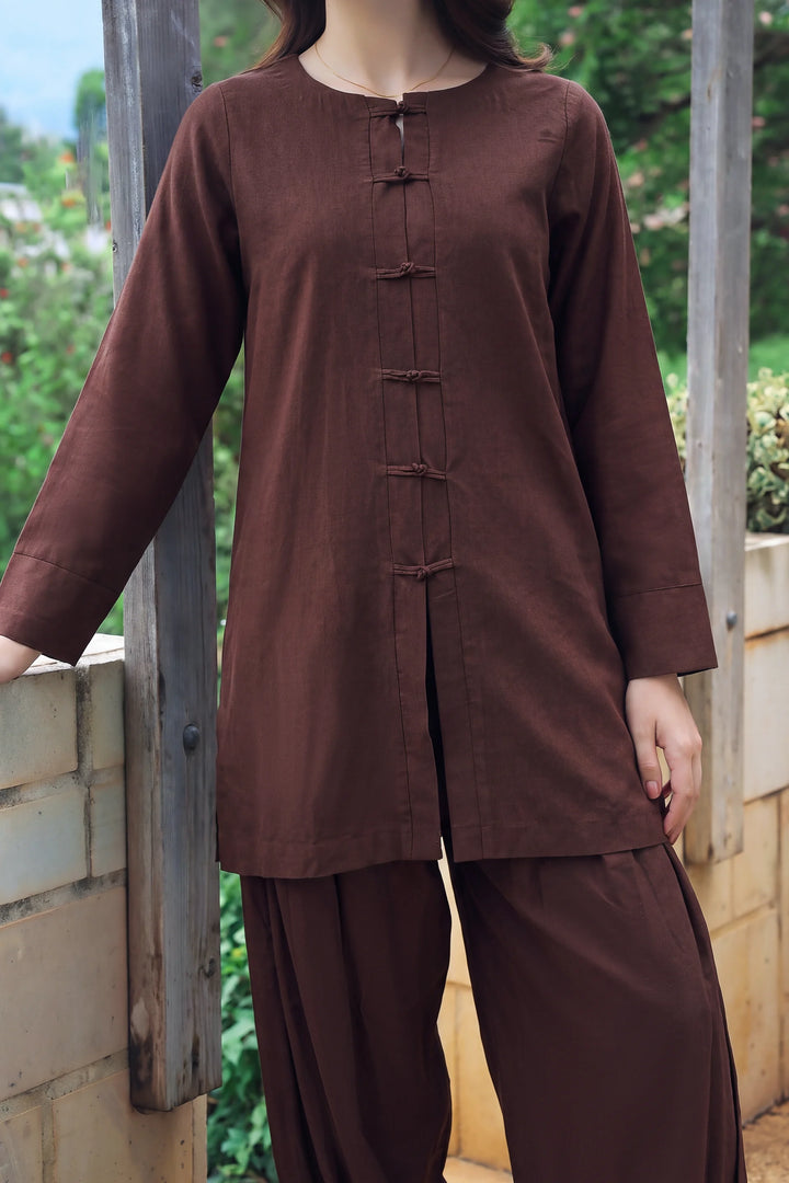 Truffle chocolate brown rayon silk 2-piece co-ord with knot-button shirt | Panache West, view 2