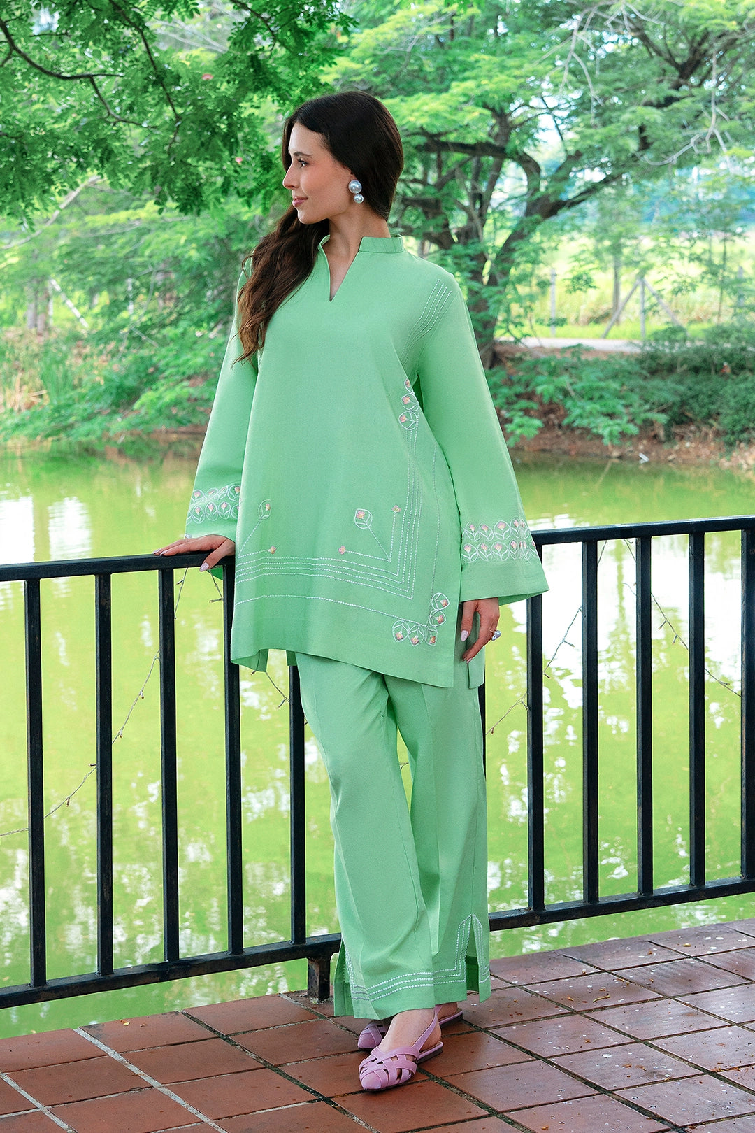 Pistachio green rayon silk 2-piece co-ord with white embroidery | Panache West, view 5