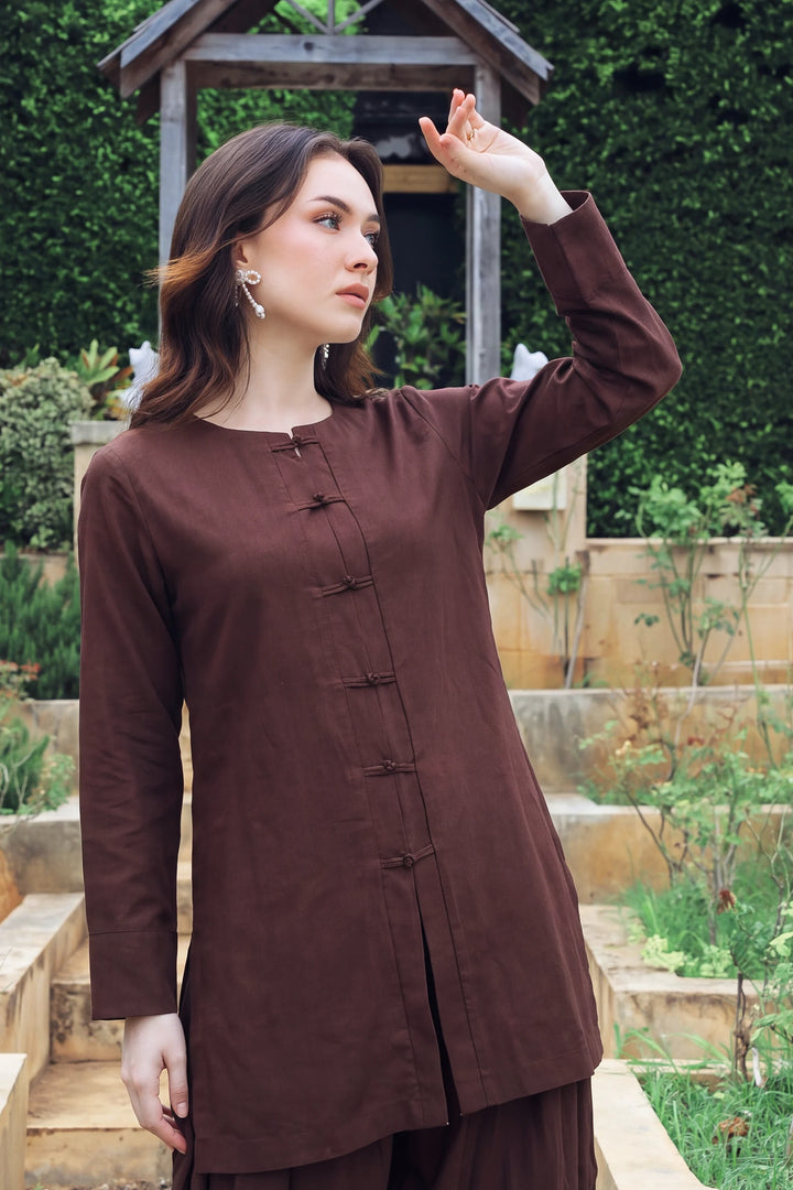 Truffle chocolate brown rayon silk 2-piece co-ord with knot-button shirt | Panache West, view 3