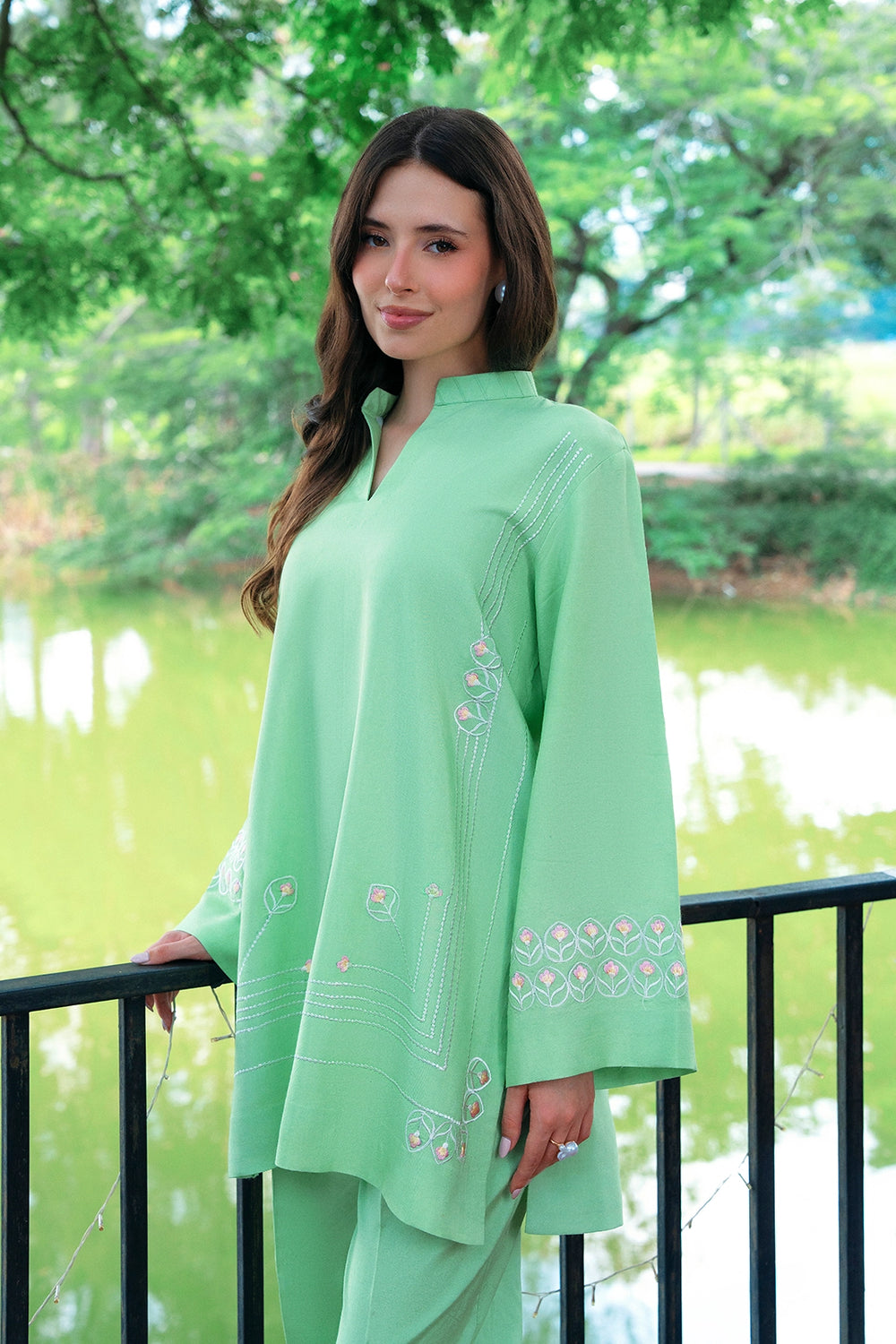 Pistachio green rayon silk 2-piece co-ord with white embroidery | Panache West, view 2