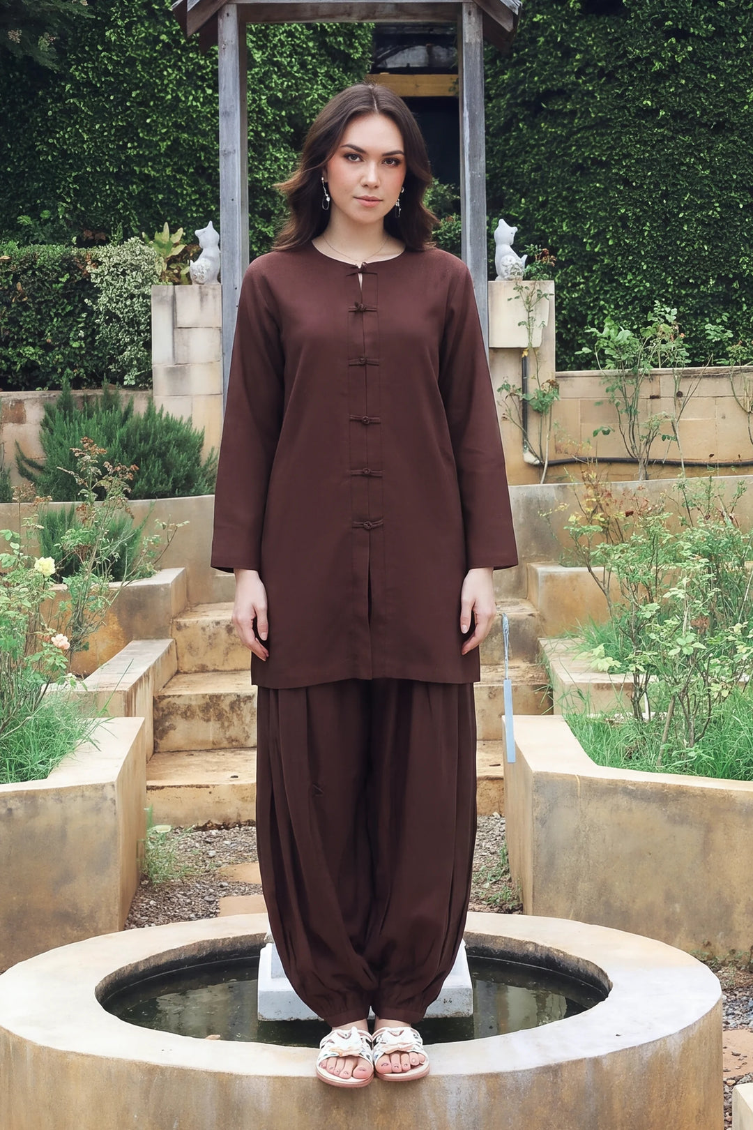 Truffle chocolate brown rayon silk 2-piece co-ord with knot-button shirt | Panache West, view 4