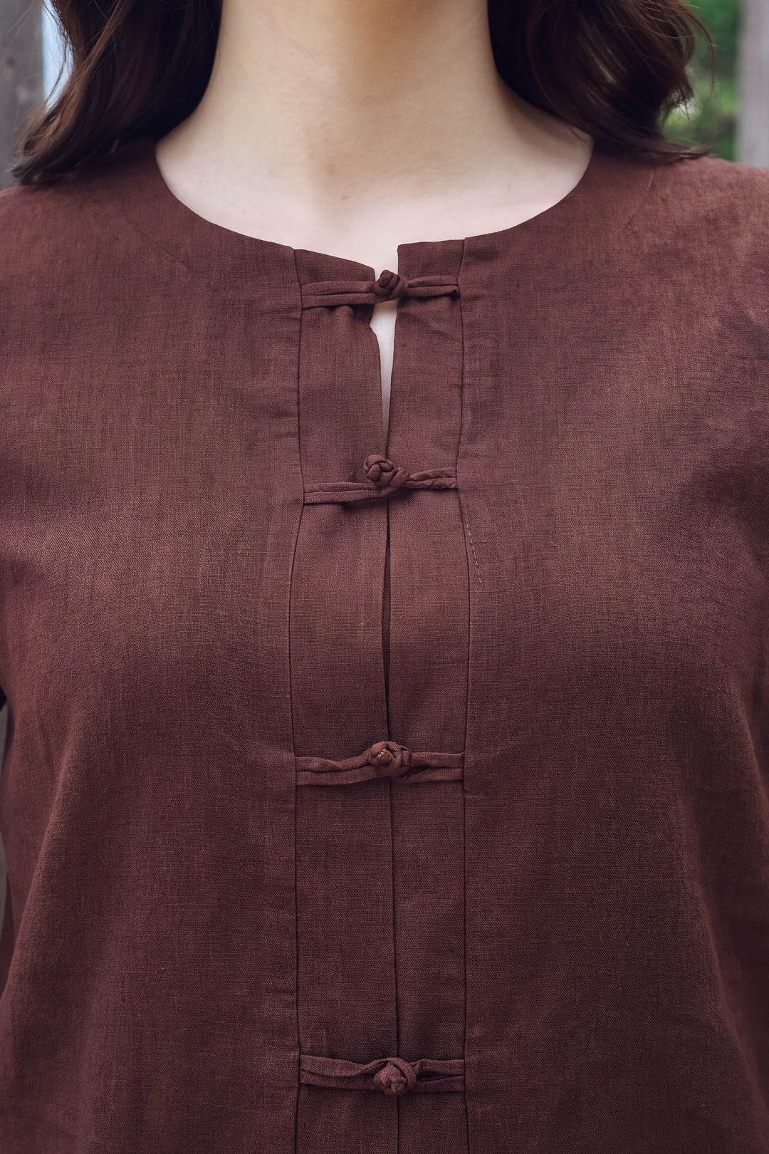 Truffle chocolate brown rayon silk 2-piece co-ord with knot-button shirt | Panache West, view 5