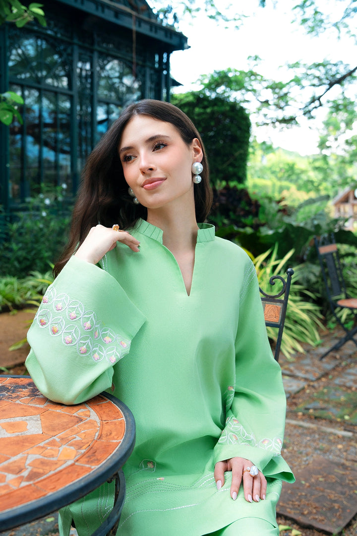 Pistachio green rayon silk 2-piece co-ord with white embroidery | Panache West, view 8