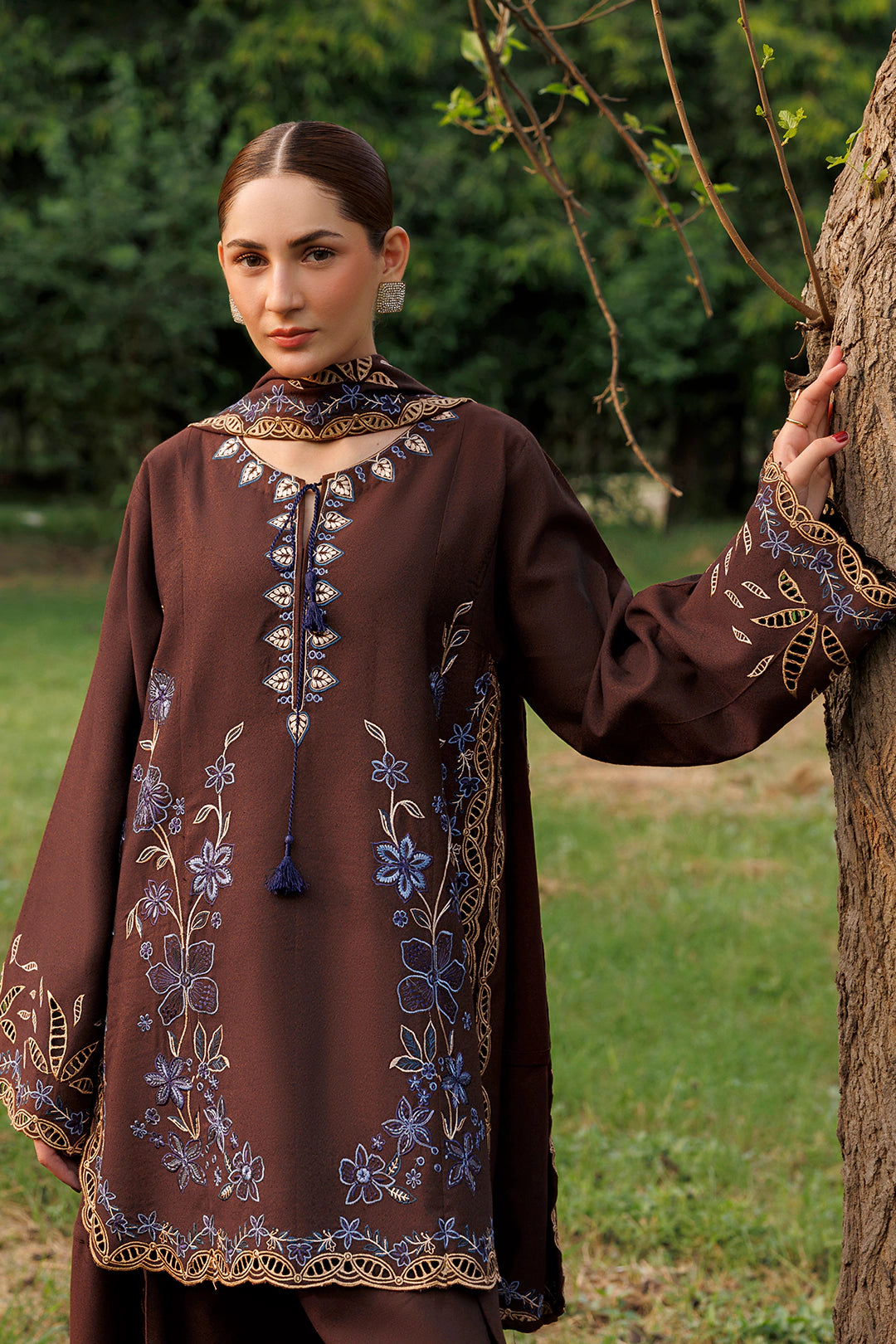 Cocoa Vine chocolate brown premium karandi 3-piece with shirt, trouser and shawl, Panache Apparel Winter Garden - image 3 of 7