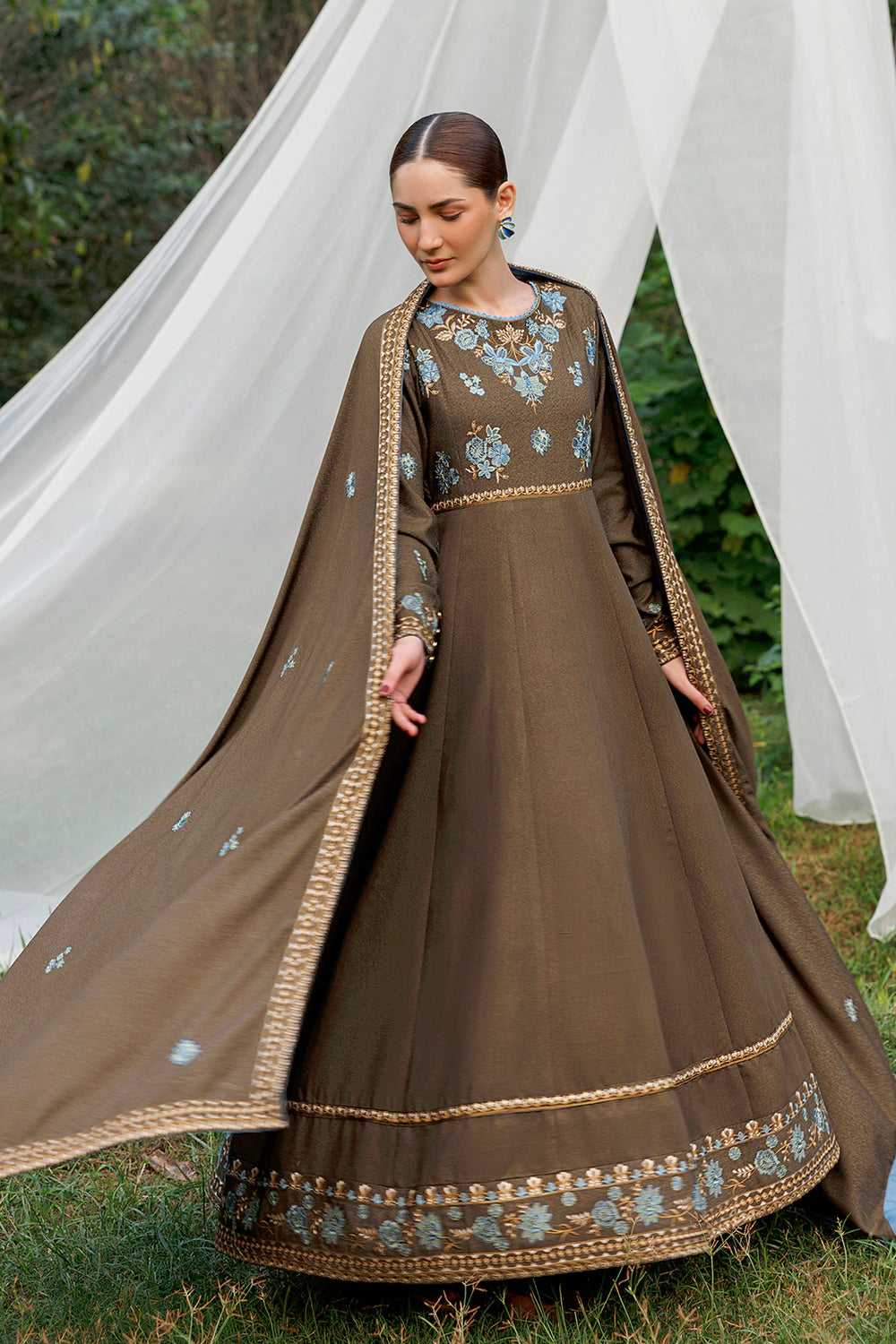 Olive Poise olive brown premium karandi 3-piece with shirt, trouser and shawl, Panache Apparel Winter Garden - image 2 of 8