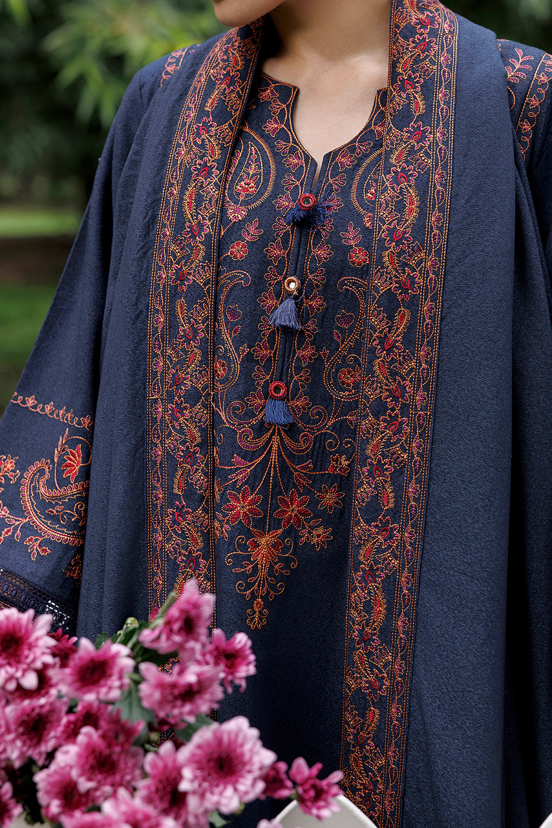 Midnight Paisley navy blue premium karandi 3-piece with shirt, trouser and shawl, Panache Apparel Winter Garden - image 7 of 13