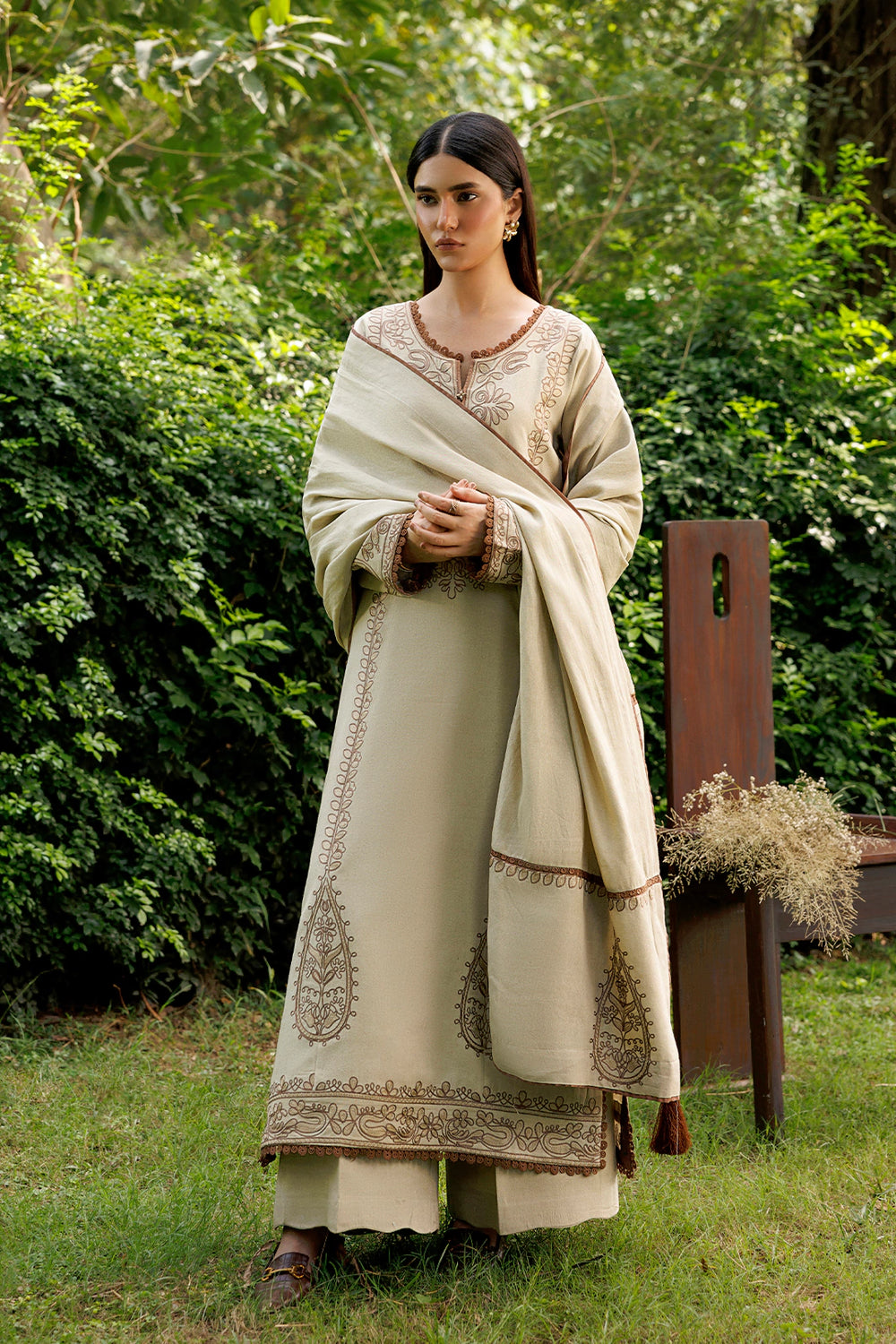 Ivory Willow ivory premium karandi 3-piece with shirt, trouser and shawl, Panache Apparel Winter Garden - image 2 of 9