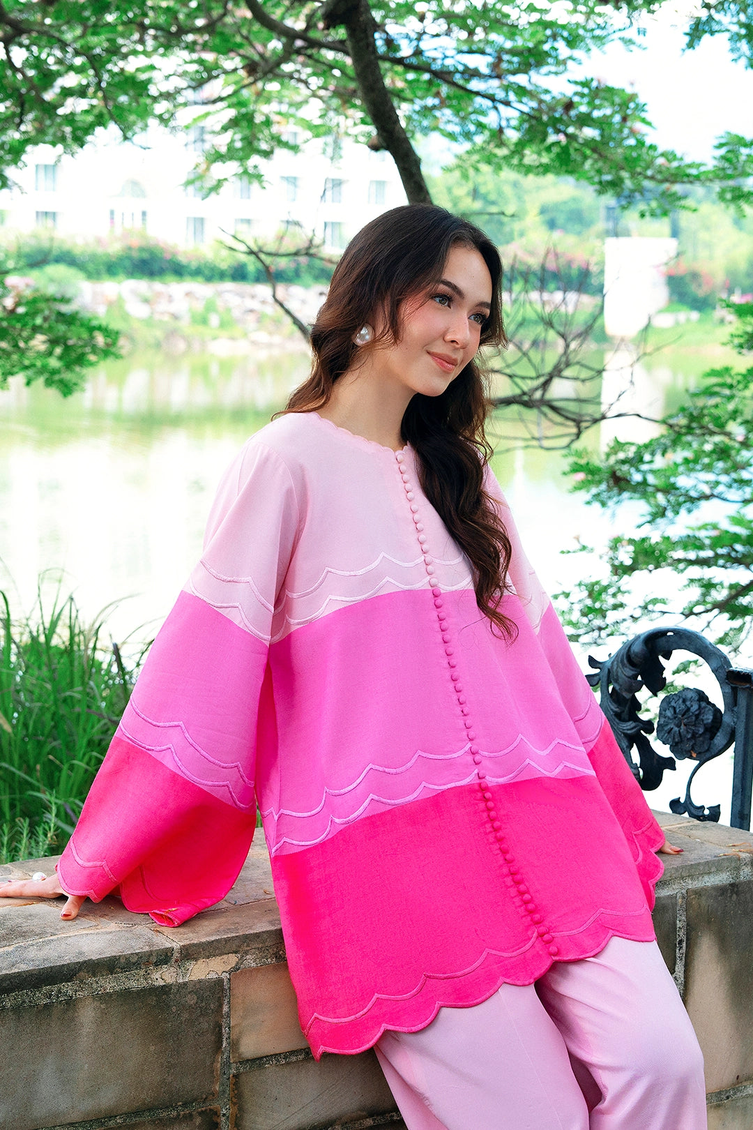 Dapper two-tone blush and hot pink rayon silk 2-piece co-ord | Panache West, view 4