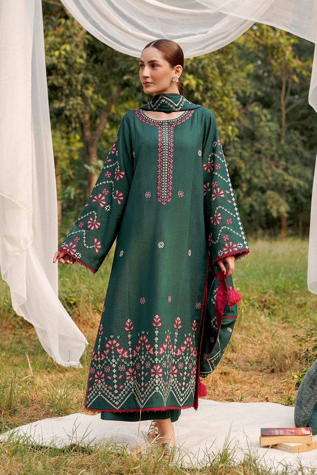 Emerald Dawn emerald green premium karandi 3-piece with shirt, trouser and shawl, Panache Apparel Winter Garden - image 6 of 10