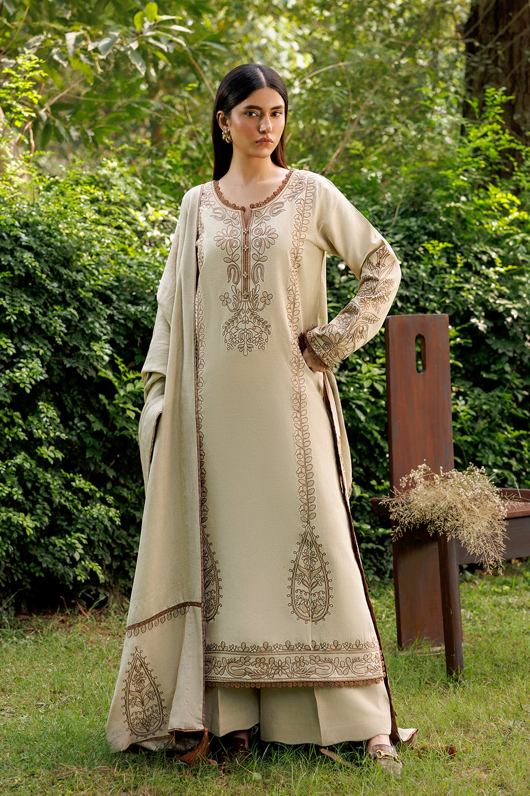 Ivory Willow ivory premium karandi 3-piece with shirt, trouser and shawl, Panache Apparel Winter Garden - image 1 of 9