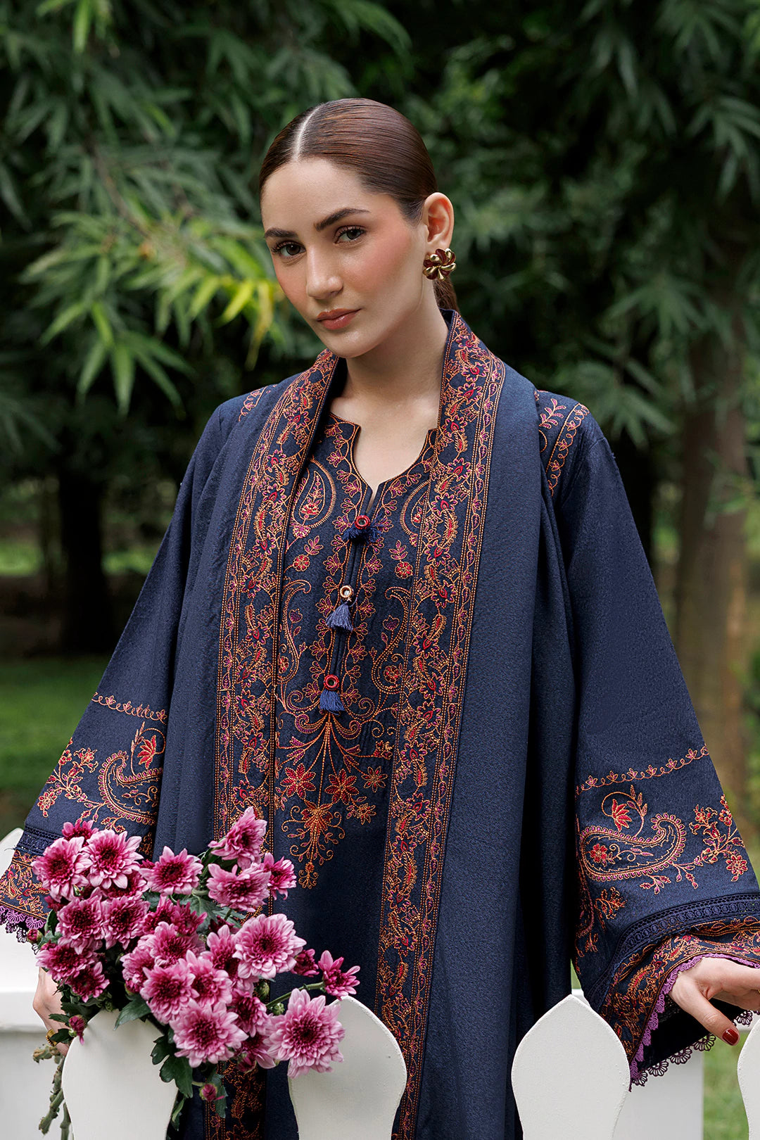 Midnight Paisley navy blue premium karandi 3-piece with shirt, trouser and shawl, Panache Apparel Winter Garden - image 9 of 13