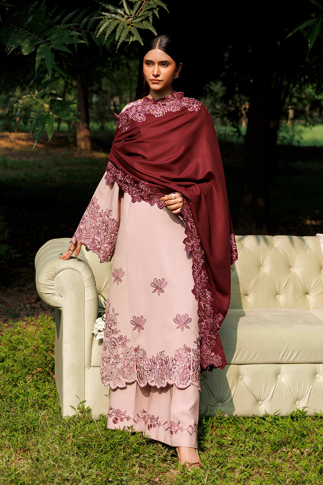 Vionne cream pink premium karandi 3-piece with plum shawl, Panache Apparel Winter Garden - image 2 of 8