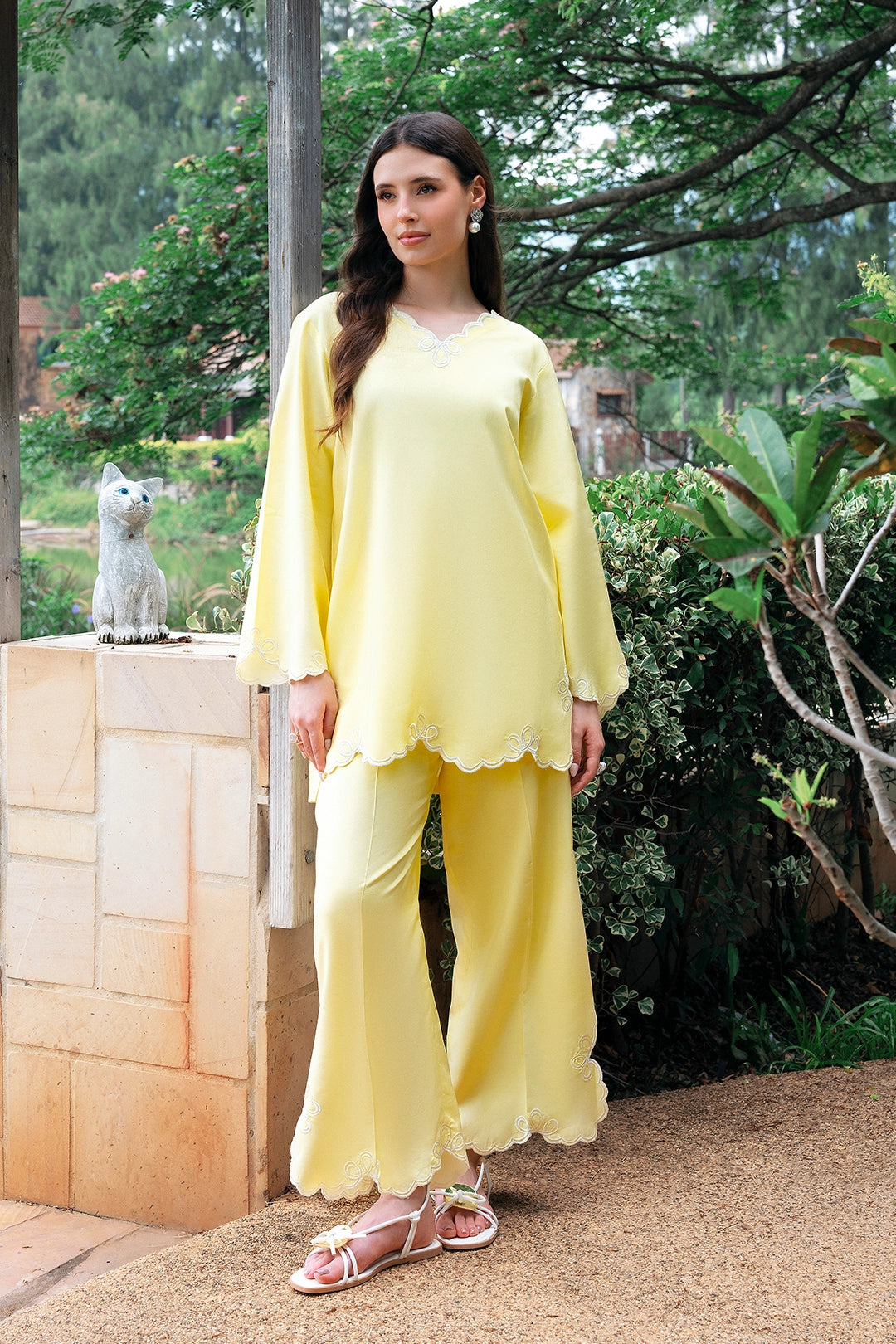 Sunshine butter yellow rayon silk 2-piece co-ord with cutwork trims | Panache West, view 1