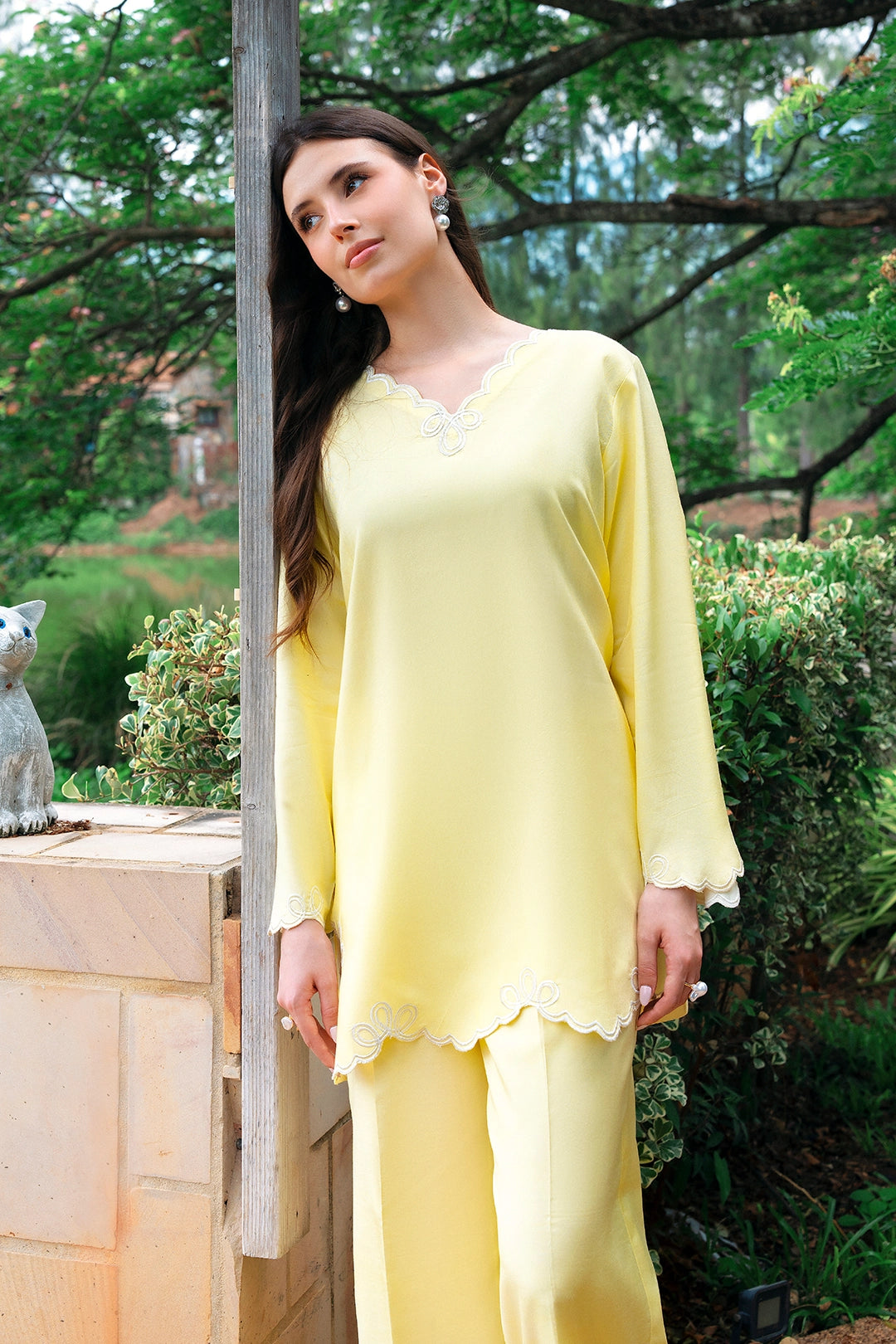Sunshine butter yellow rayon silk 2-piece co-ord with cutwork trims | Panache West, view 3
