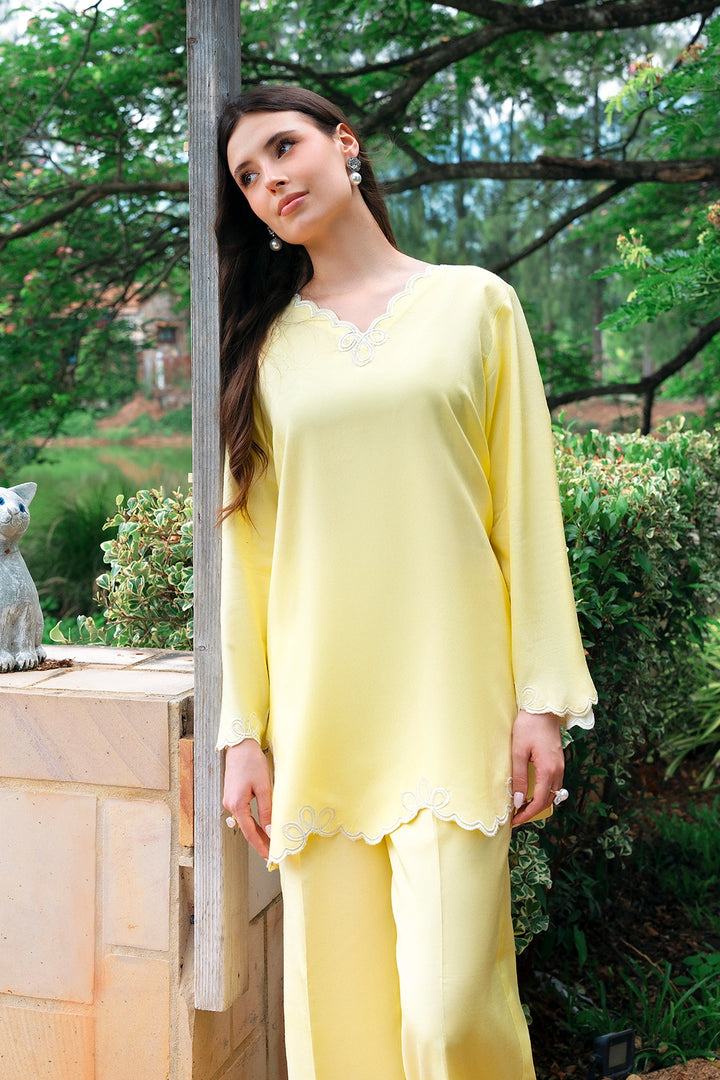 Sunshine butter yellow rayon silk 2-piece co-ord with cutwork trims | Panache West, view 3