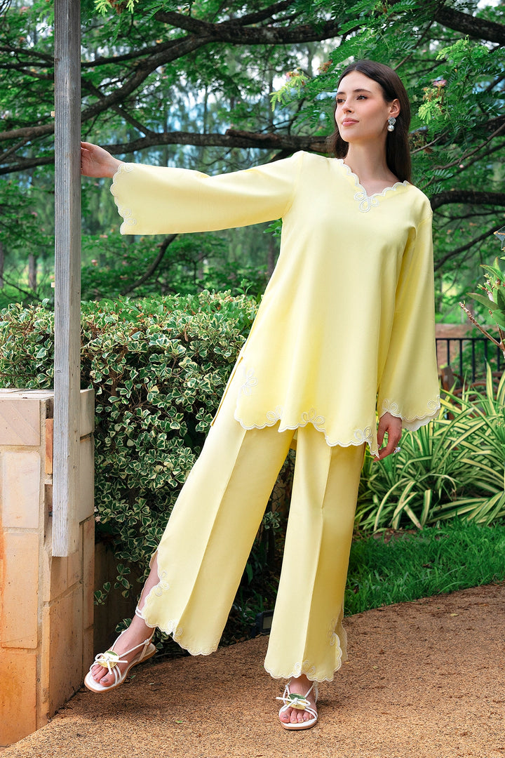 Sunshine butter yellow rayon silk 2-piece co-ord with cutwork trims | Panache West, view 4