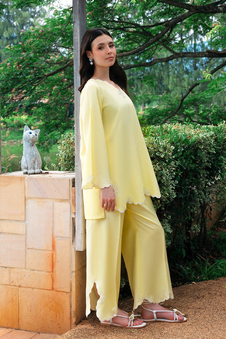 Sunshine butter yellow rayon silk 2-piece co-ord with cutwork trims | Panache West, view 5