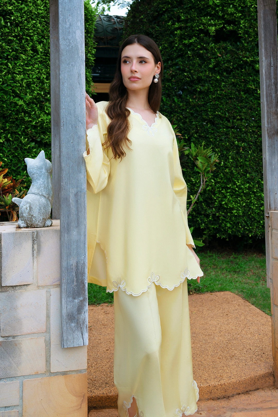 Sunshine butter yellow rayon silk 2-piece co-ord with cutwork trims | Panache West, view 8