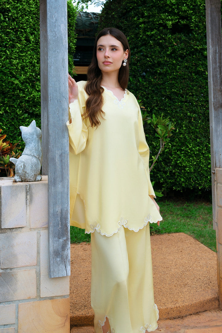 Sunshine butter yellow rayon silk 2-piece co-ord with cutwork trims | Panache West, view 8