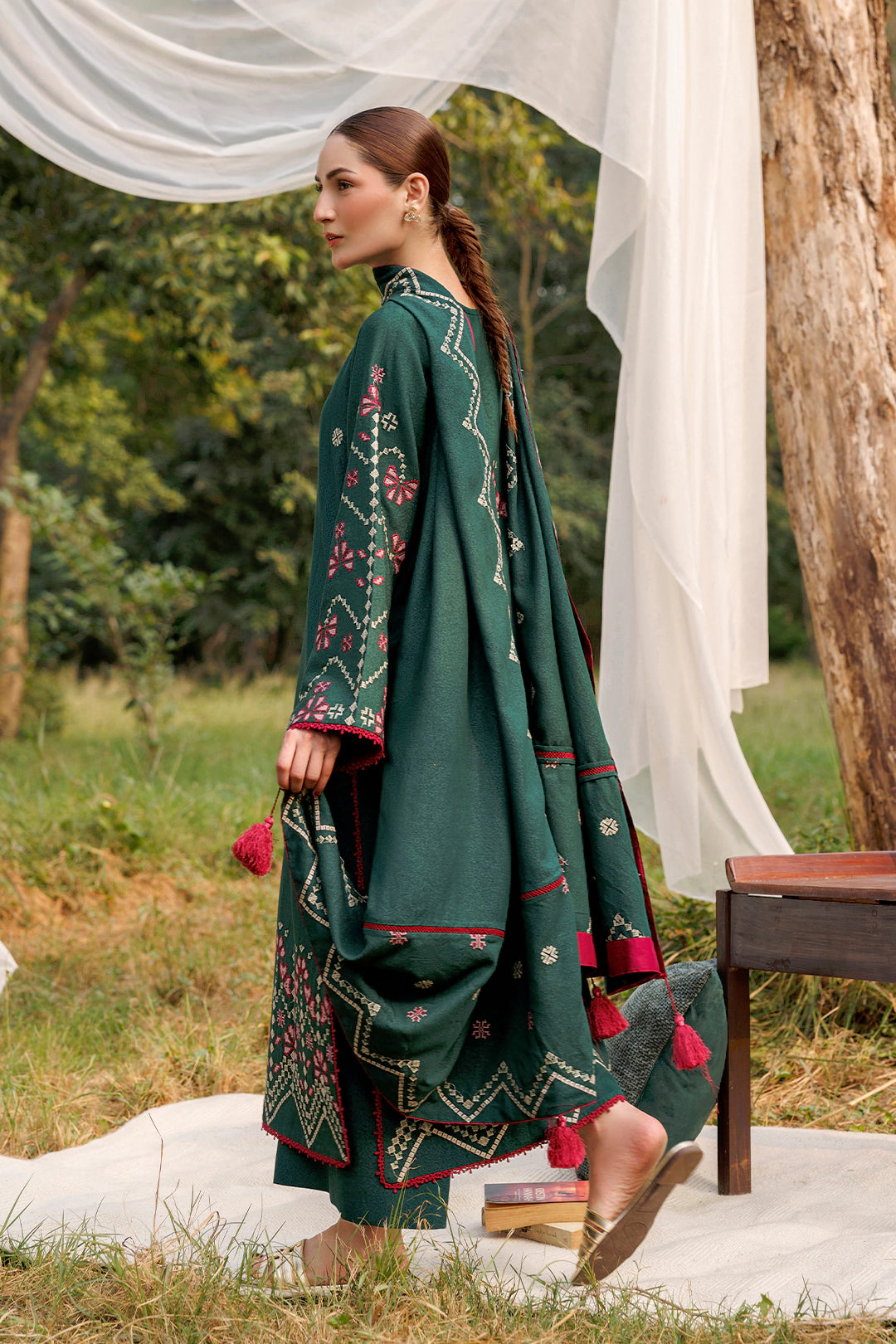 Emerald Dawn emerald green premium karandi 3-piece with shirt, trouser and shawl, Panache Apparel Winter Garden - image 5 of 10