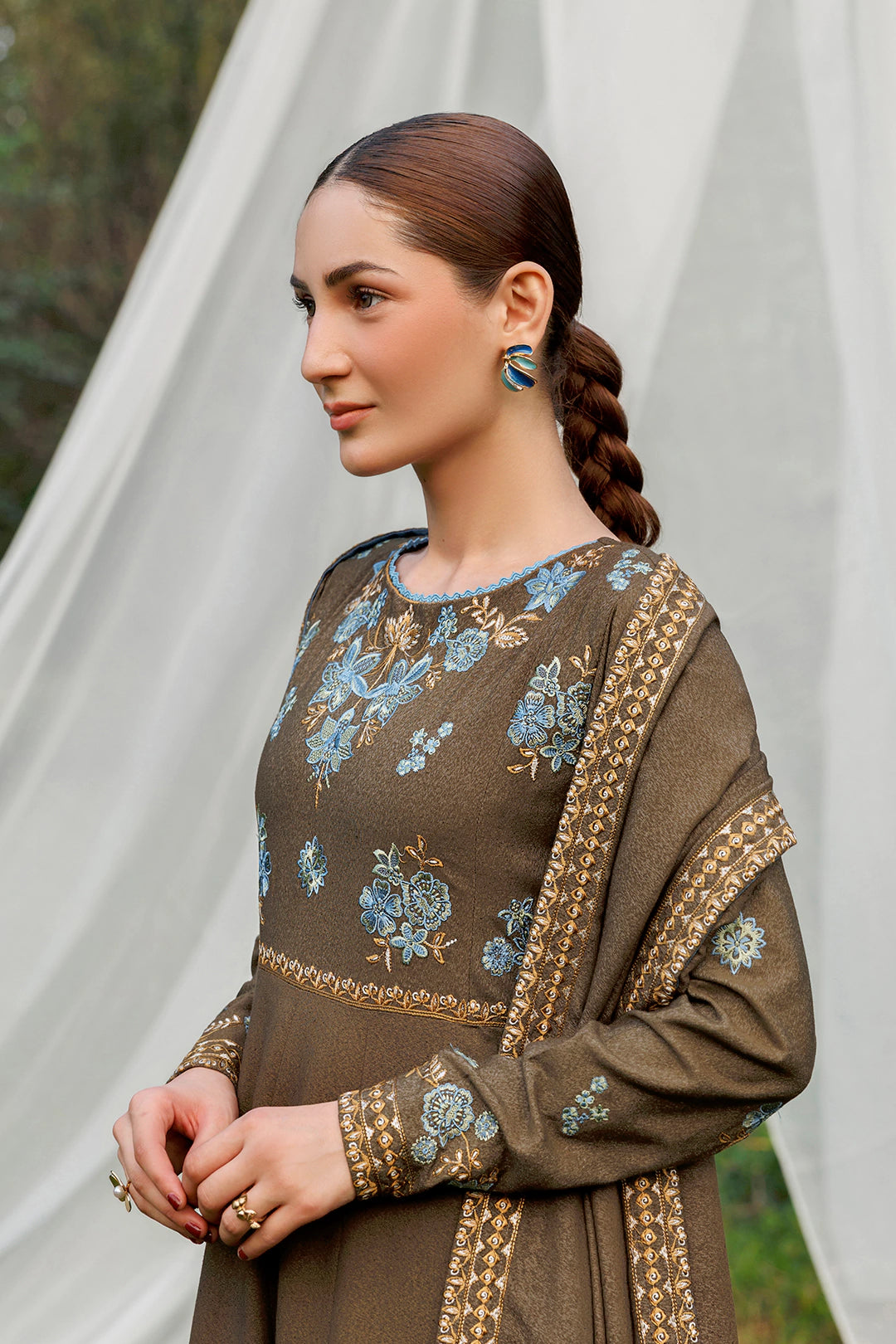 Olive Poise olive brown premium karandi 3-piece with shirt, trouser and shawl, Panache Apparel Winter Garden - image 7 of 8