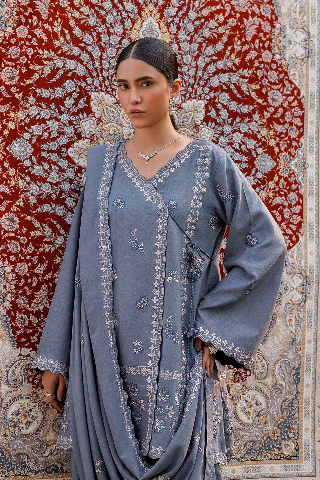 Slate Grace slate blue premium karandi 3-piece with shirt, trouser and shawl, Panache Apparel Winter Garden - image 6 of 9