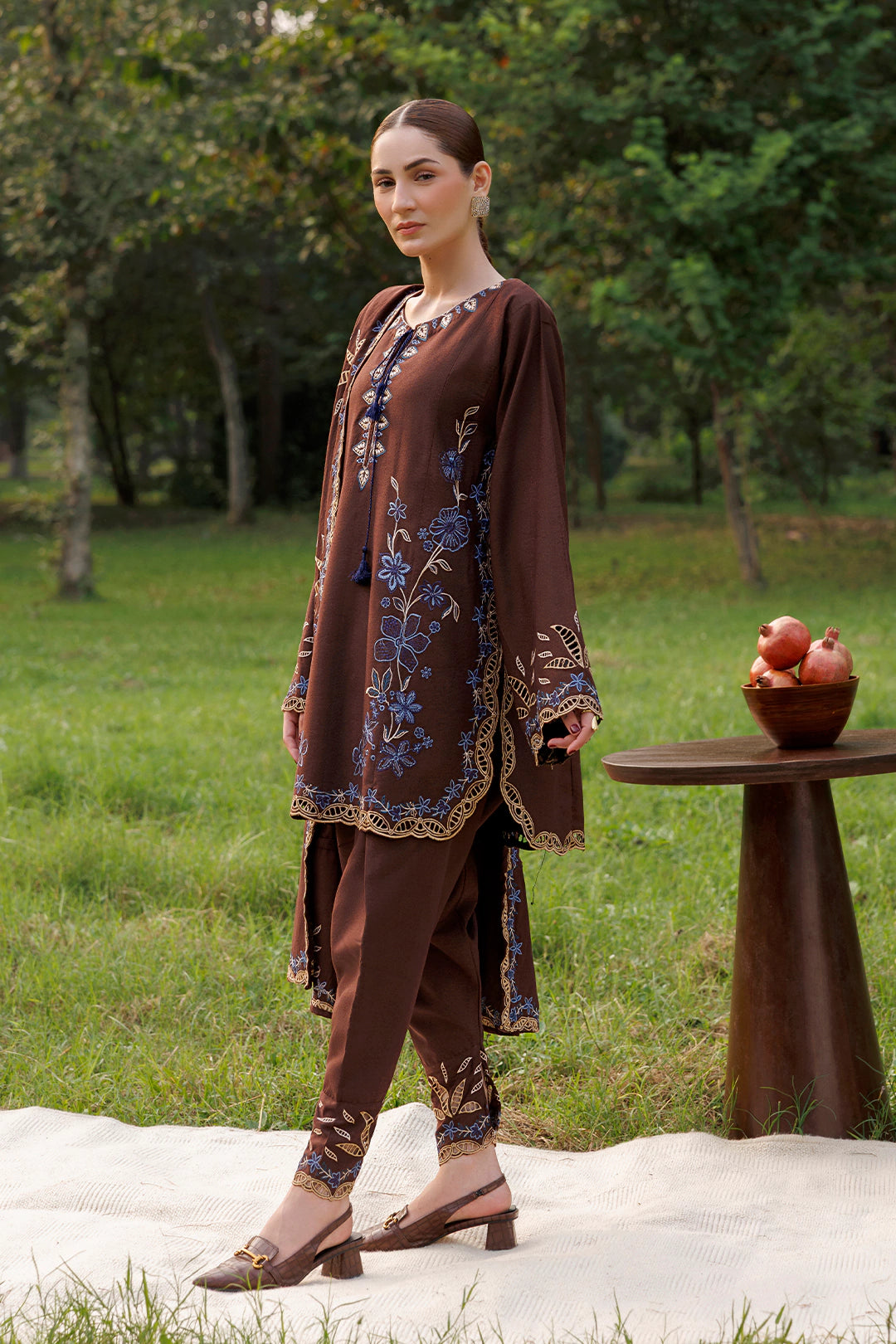 Cocoa Vine chocolate brown premium karandi 3-piece with shirt, trouser and shawl, Panache Apparel Winter Garden - image 5 of 7