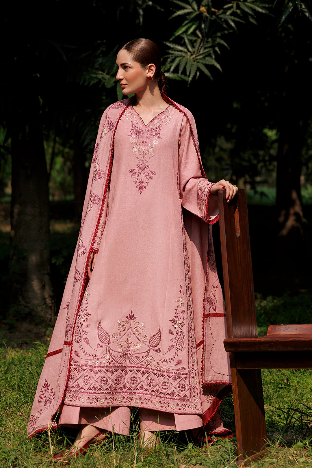 Dusty Rose dusty pink premium karandi 3-piece with shirt, trouser and shawl, Panache Apparel Winter Garden - image 5 of 10