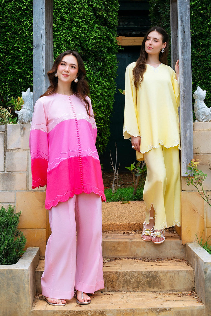 Sunshine butter yellow rayon silk 2-piece co-ord with cutwork trims | Panache West, view 10