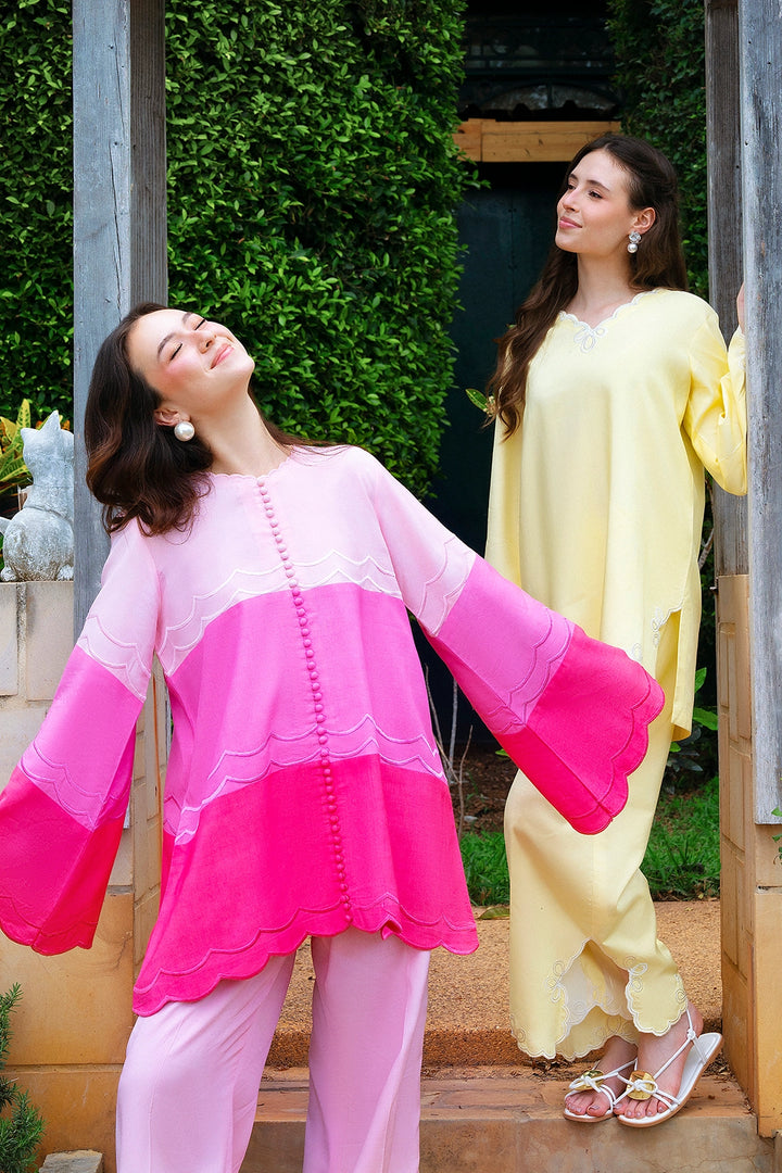 Sunshine butter yellow rayon silk 2-piece co-ord with cutwork trims | Panache West, view 11