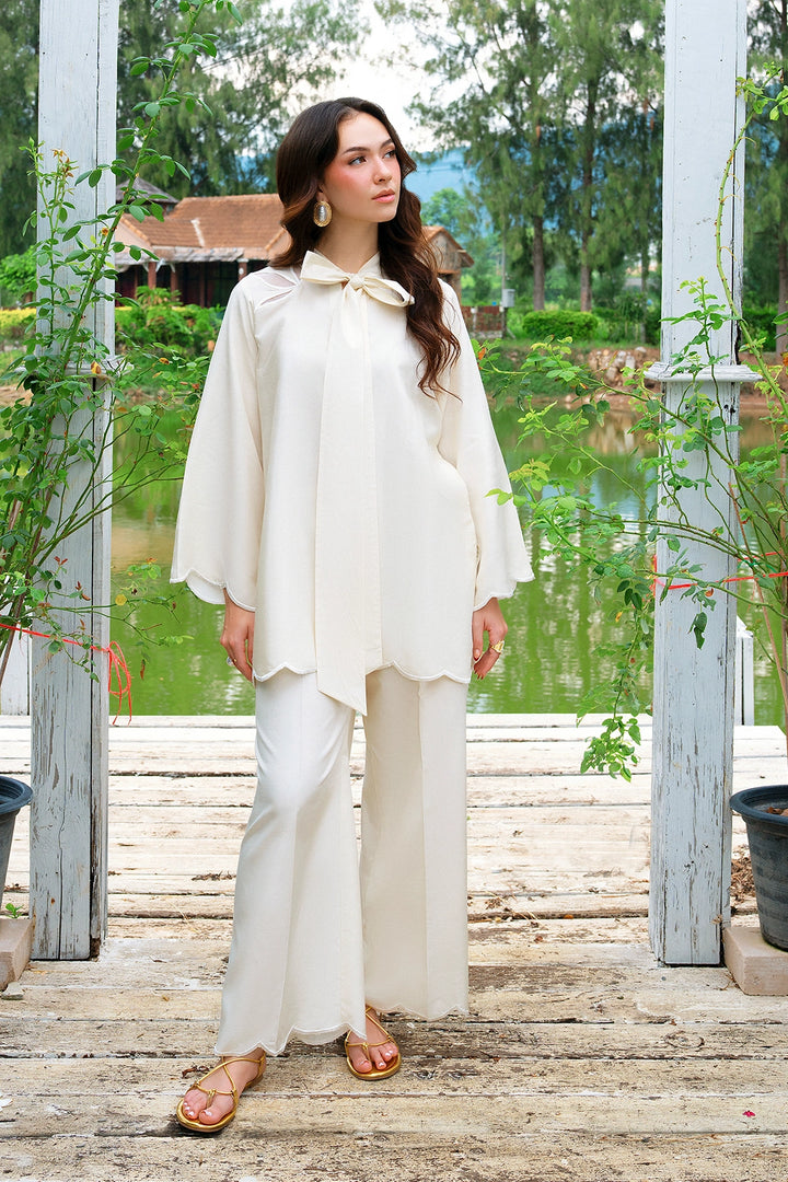 Crest ivory rayon silk 2-piece co-ord with bow-tie neckline | Panache West, view 6