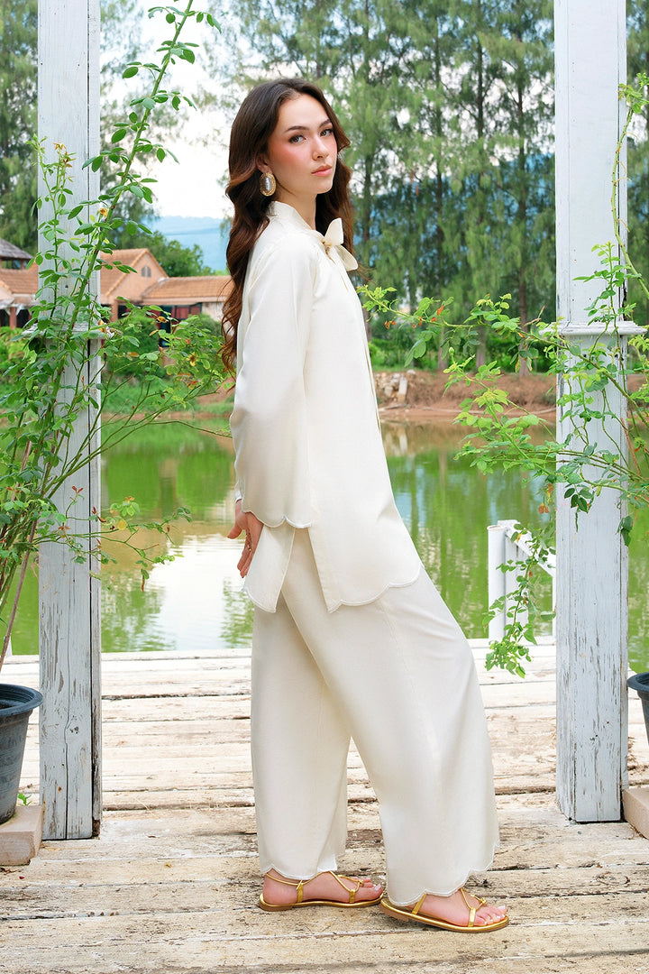 Crest ivory rayon silk 2-piece co-ord with bow-tie neckline | Panache West, view 7
