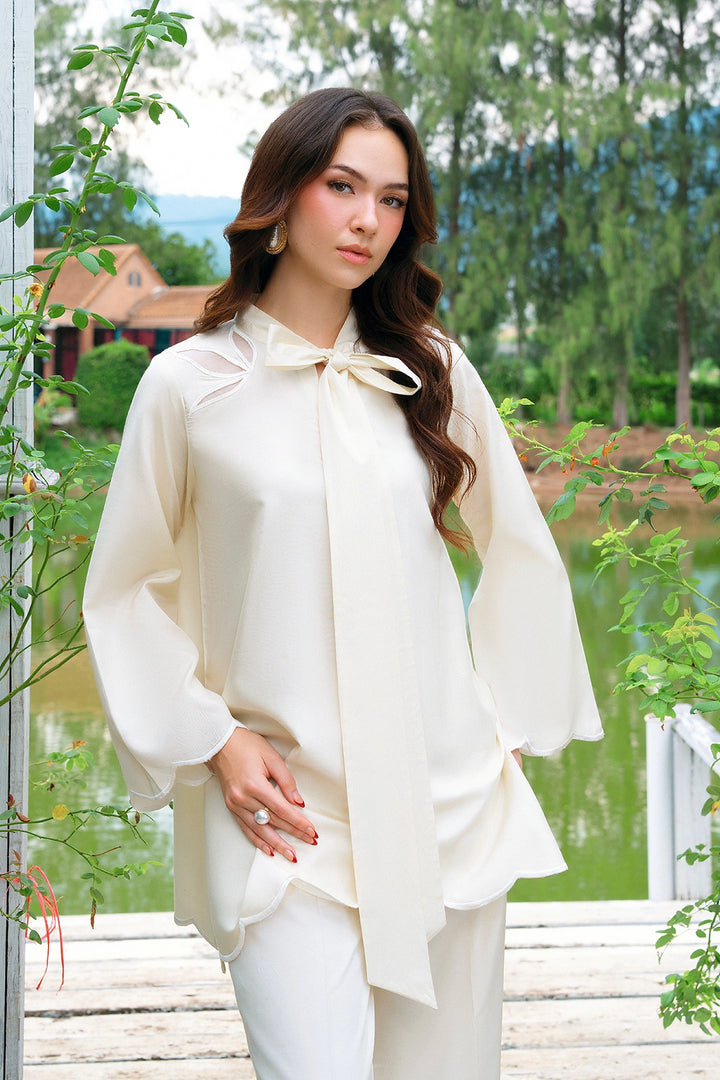 Crest ivory rayon silk 2-piece co-ord with bow-tie neckline | Panache West, view 2