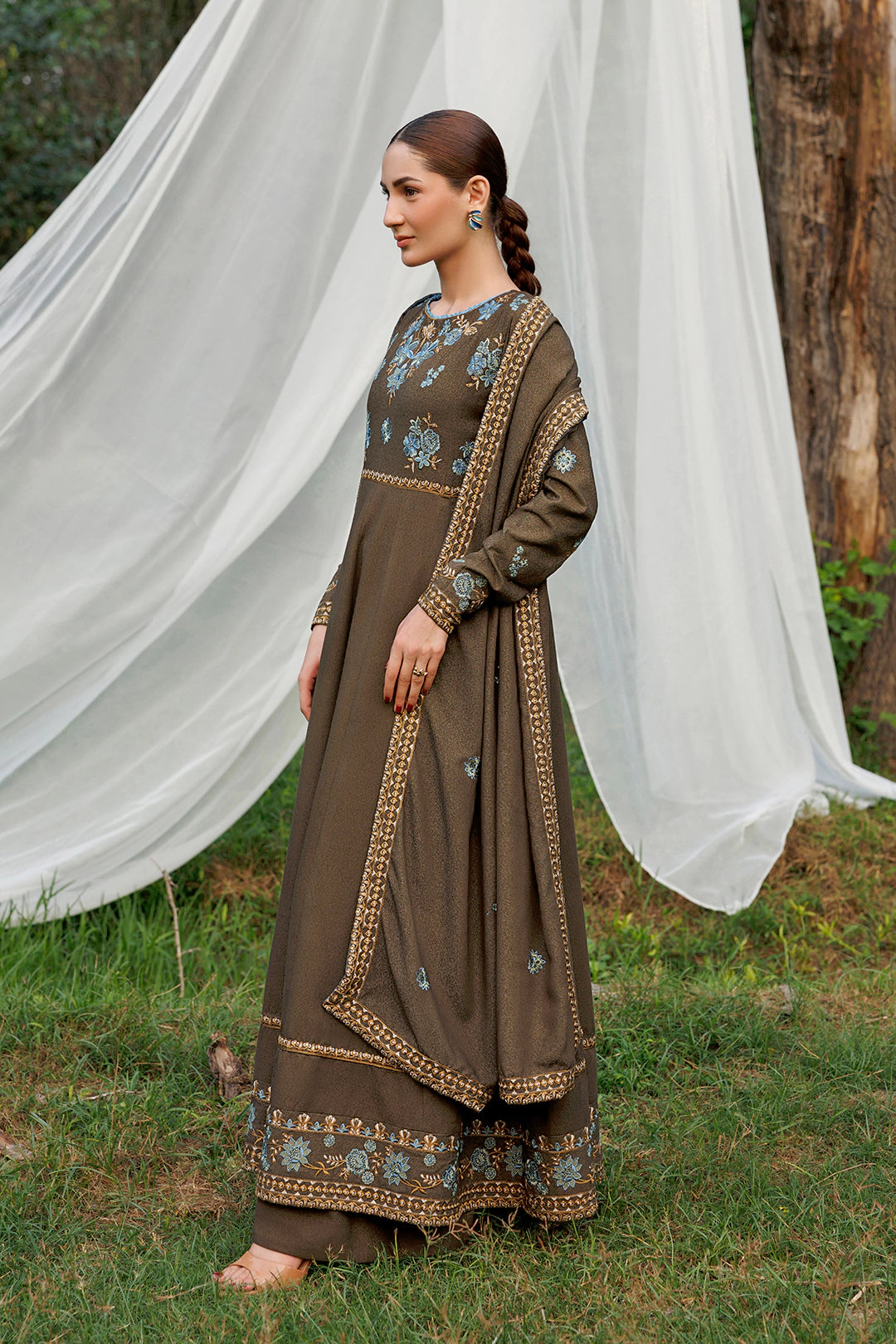 Olive Poise olive brown premium karandi 3-piece with shirt, trouser and shawl, Panache Apparel Winter Garden - image 4 of 8
