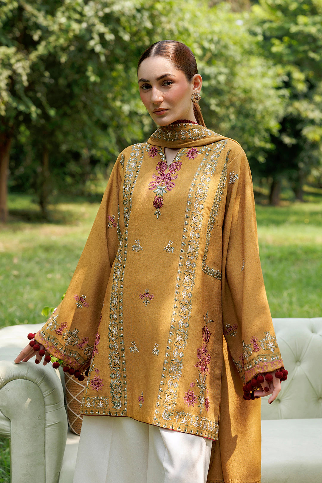 Amber Muse mustard premium karandi 3-piece with shirt, trouser and shawl, Panache Apparel Winter Garden - image 9 of 11