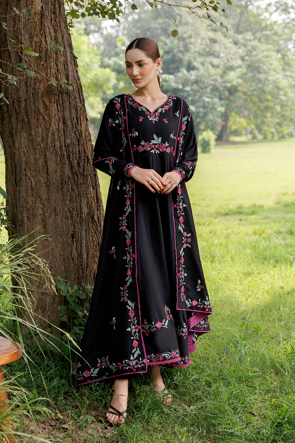 Night Bloom black premium karandi 3-piece with shirt, trouser and shawl, Panache Apparel Winter Garden - image 2 of 10