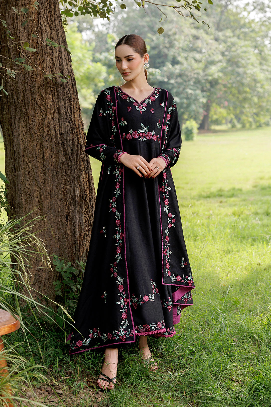 Night Bloom black premium karandi 3-piece with shirt, trouser and shawl, Panache Apparel Winter Garden - image 2 of 10