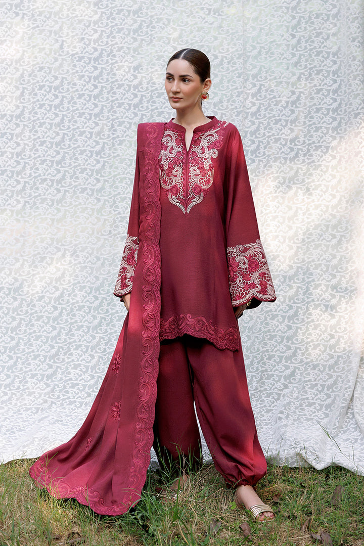 Maroon Muse maroon premium karandi 3-piece with shirt, trouser and shawl, Panache Apparel Winter Garden - image 1 of 6