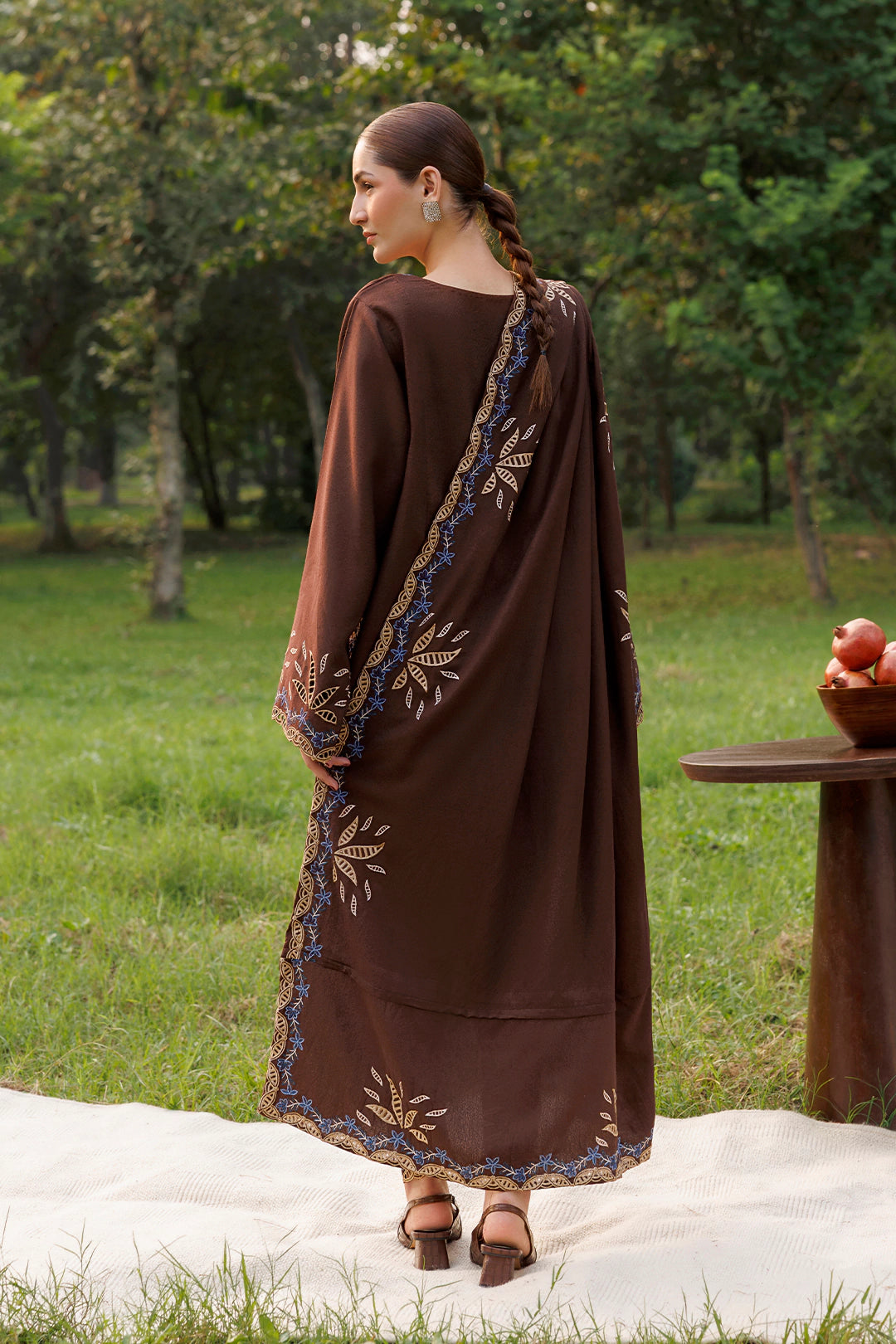 Cocoa Vine chocolate brown premium karandi 3-piece with shirt, trouser and shawl, Panache Apparel Winter Garden - image 6 of 7
