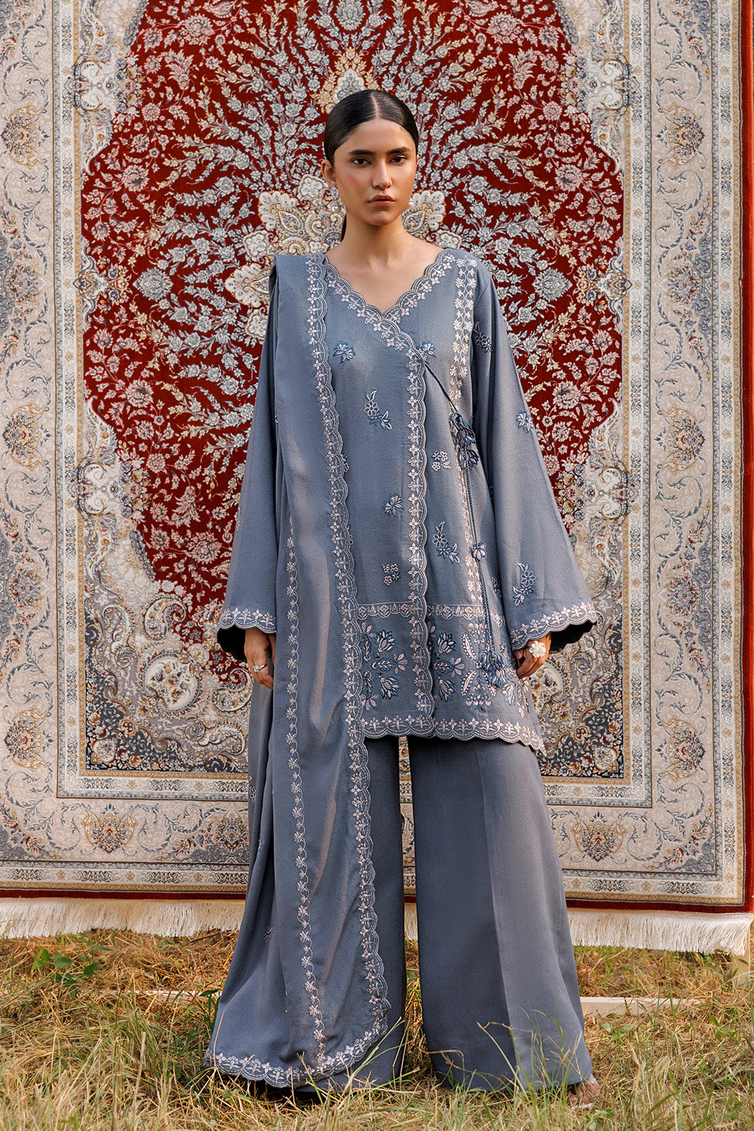 Slate Grace slate blue premium karandi 3-piece with shirt, trouser and shawl, Panache Apparel Winter Garden - image 1 of 9