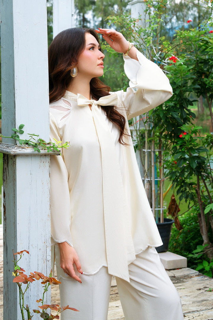 Crest ivory rayon silk 2-piece co-ord with bow-tie neckline | Panache West, view 3