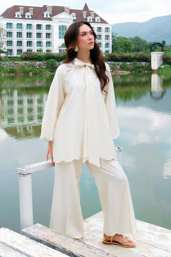 Crest ivory rayon silk 2-piece co-ord with bow-tie neckline | Panache West, view 4