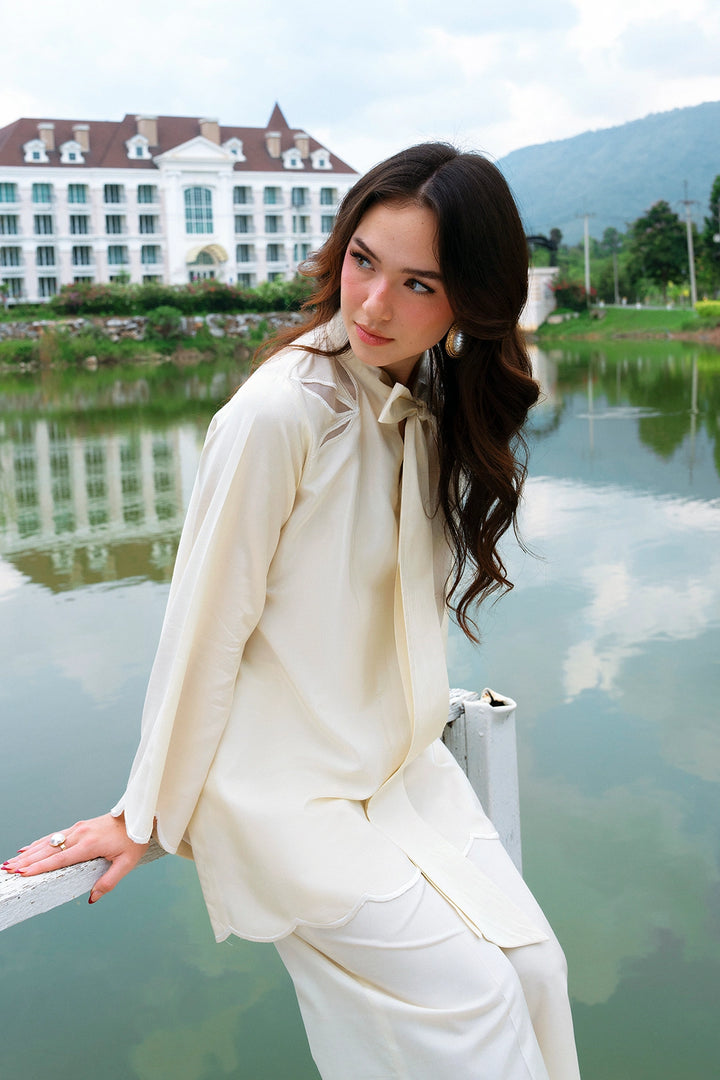 Crest ivory rayon silk 2-piece co-ord with bow-tie neckline | Panache West, view 5