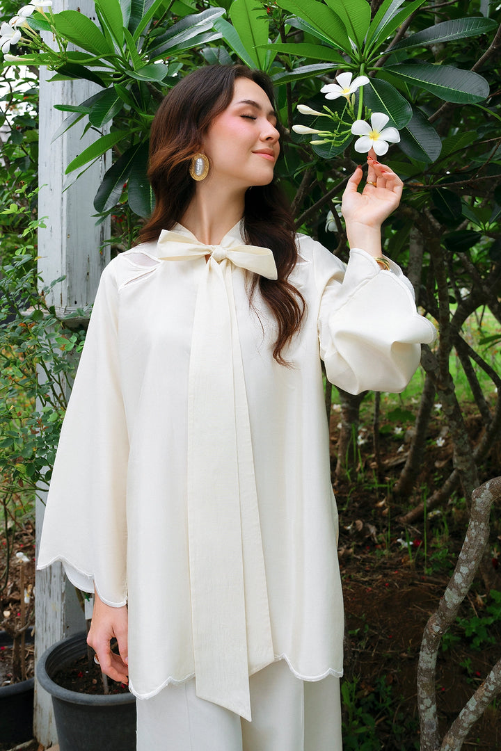 Crest ivory rayon silk 2-piece co-ord with bow-tie neckline | Panache West, view 9